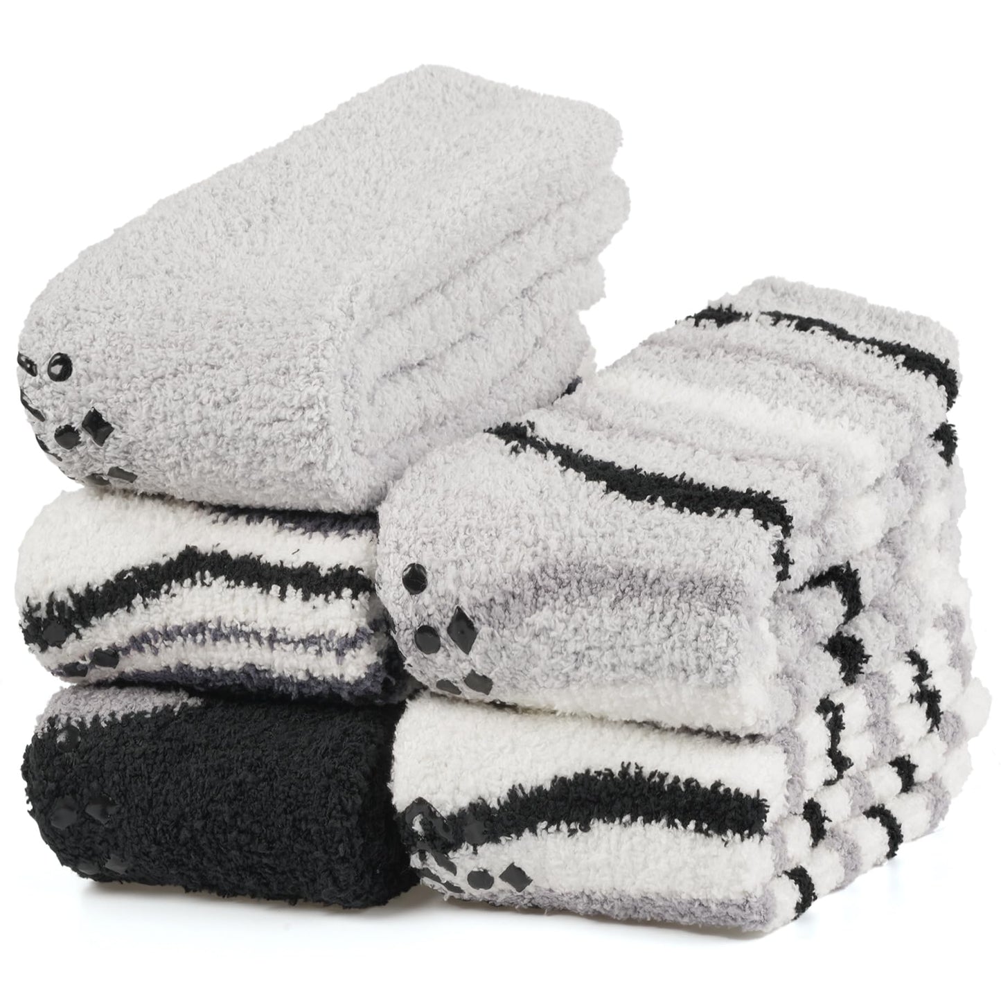 Toes Home Fuzzy Socks Men with Grips, Winter Fluffy Slipper Socks Hospital Cozy Warm Non-slip Thick 5 Pairs