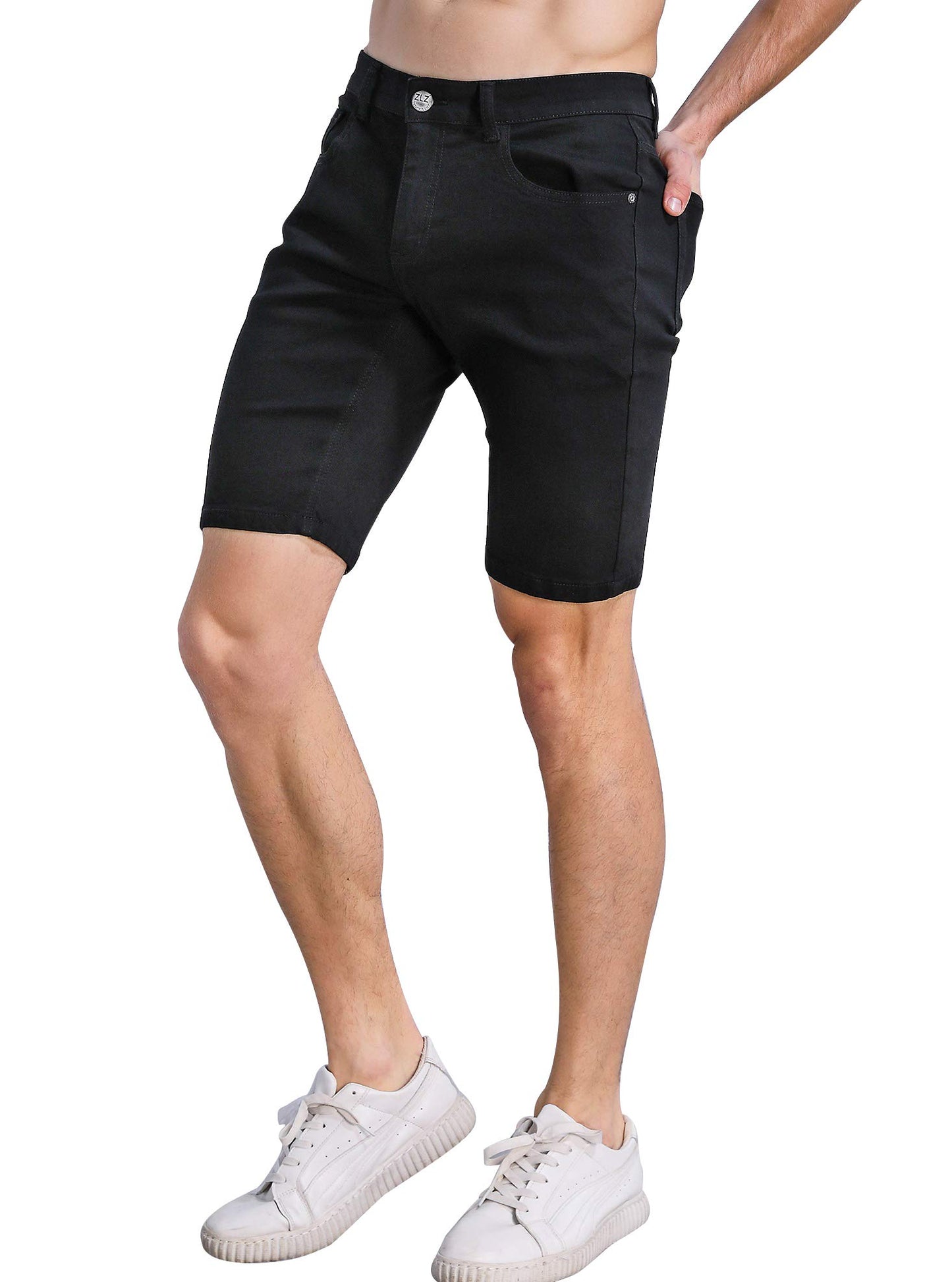 ZLZ Short Jeans for Men Slim Fit, Men's Fashion Design Stretch Slim Black Denim Shorts Pants with Holes, Size 36