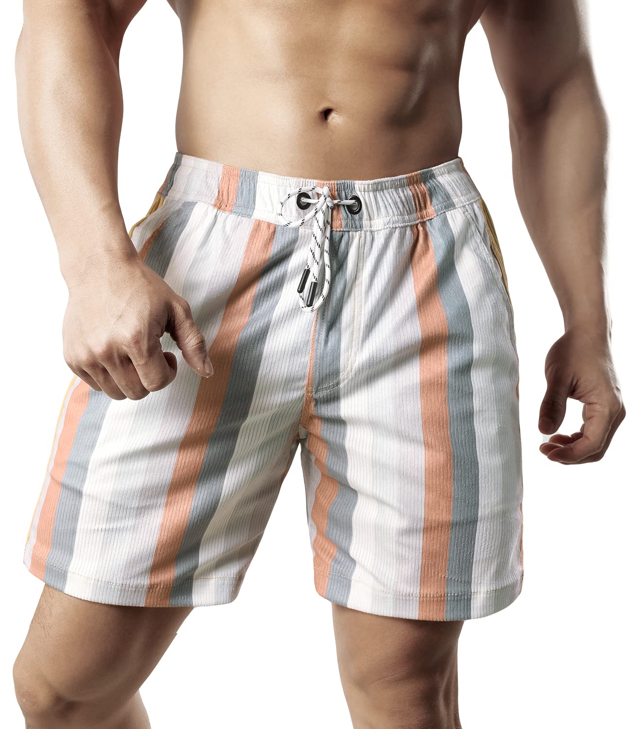 JOTOOK Men's Casual Drawstring Corduroy Shorts Elastic Waist Summer Shorts with Pocket Hawaiian Short Large Grey White Stripe