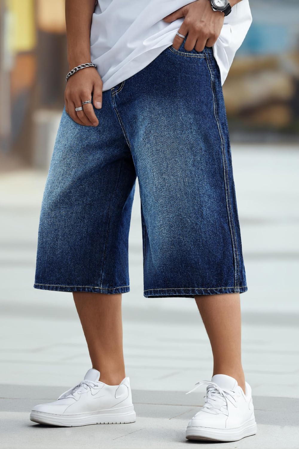 GINGTTO Mens Baggy Denim Shorts Casual Loose Fit Blue Jean Shorts Long Cut Off Hip Hop Cropped Jorts Men 32