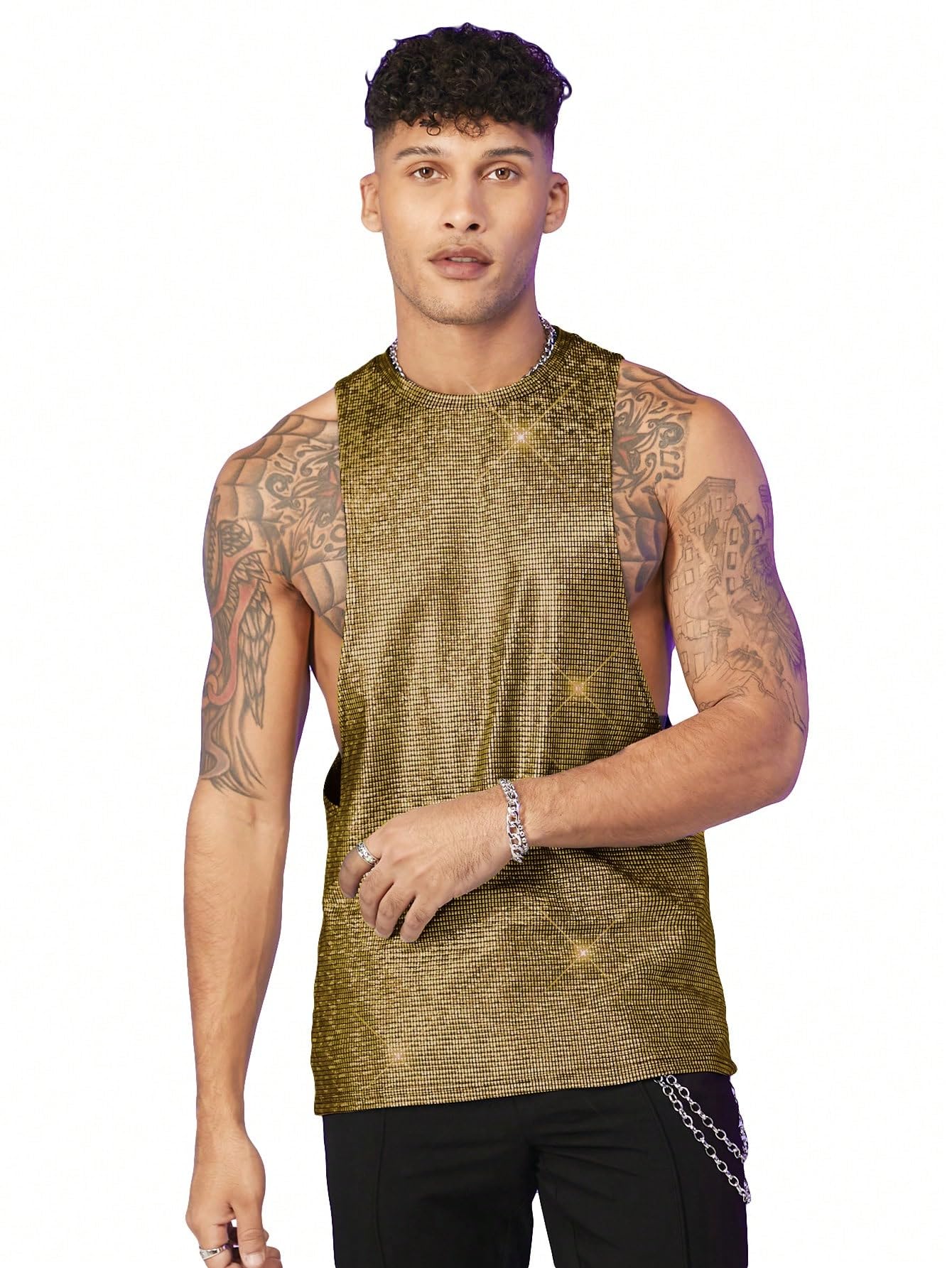 WDIRARA Men's Metallic Glitter Sequin Tank Tops Cut Out Round Neck Party Club Sleeveless Tops Gold L