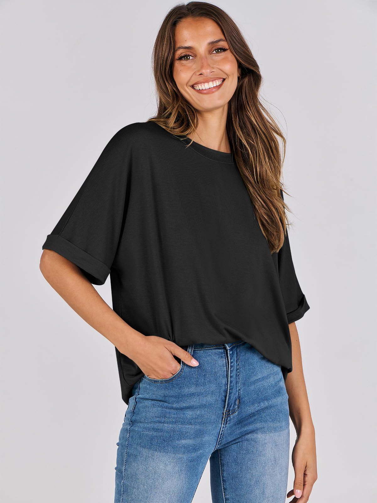 ANRABESS Womens Tops Oversized T Shirts Short Sleeve Crewneck Summer Casual Loose Basic Tee Shirt 2025 Trendy Fashion Clothes Black XX-Large