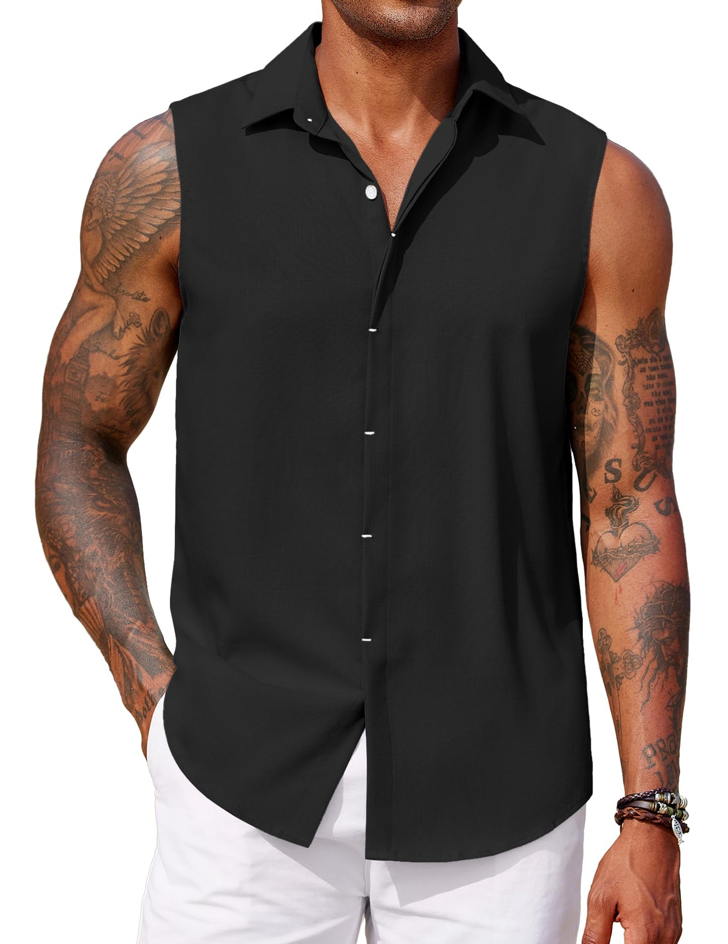 COOFANDY Men Sleeveless Shirt Beach Casual Tank Tops Summer Button Up Tank Tops for Men Black