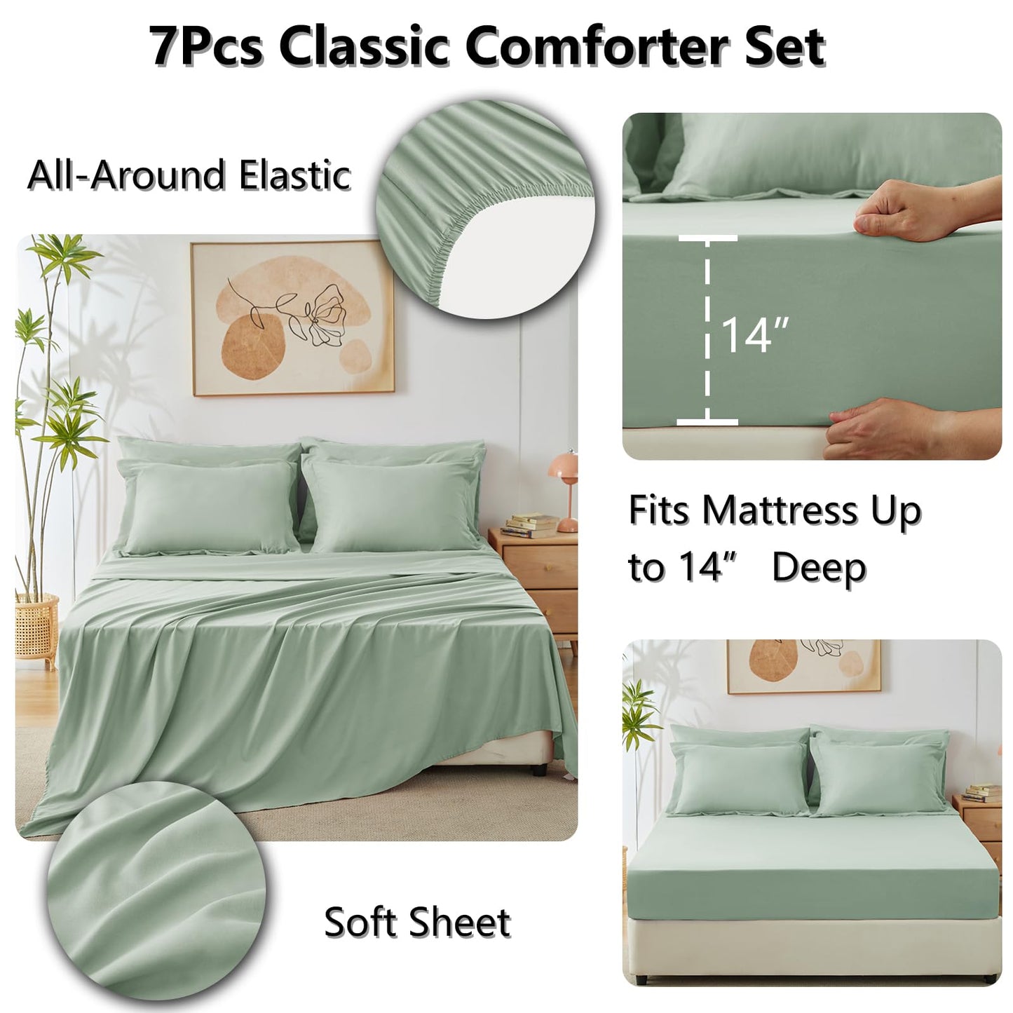 CozyLux Queen Comforter Set with 7 Pieces Bed in a Bag - Sage Green All Season Bedding with Comforter, Pillow Shams, Flat Sheet, Fitted Sheet and Pillowcases