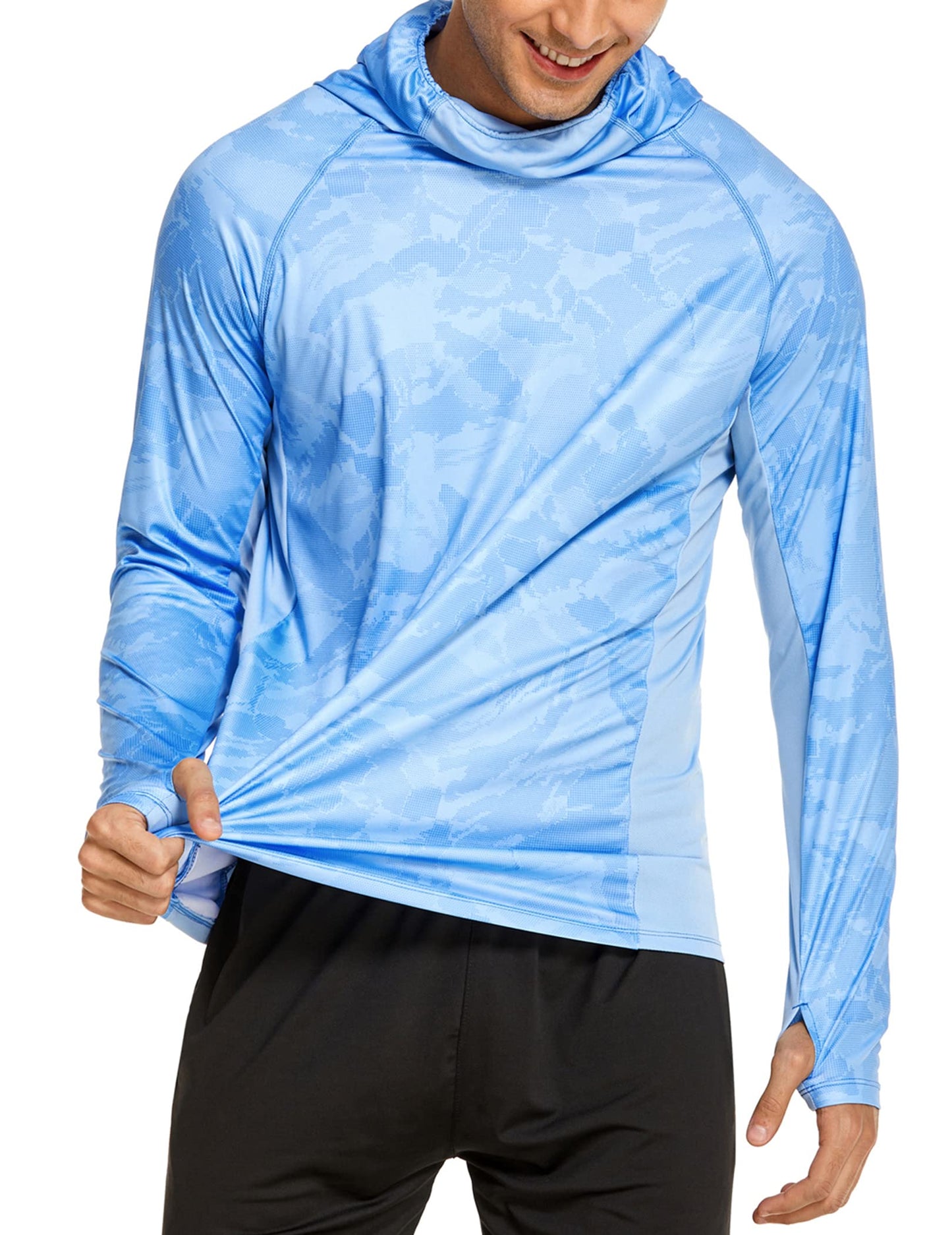 COOrun Men's Hooded Sun Shirts with Mask Fishing Shirts for Men Long Sleeve UPF 50 Rash Guards Cooling Hoodies Hiking Shirts Blue