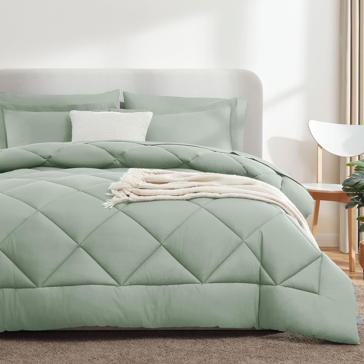 CozyLux Queen Comforter Set with 7 Pieces Bed in a Bag - Sage Green All Season Bedding with Comforter, Pillow Shams, Flat Sheet, Fitted Sheet and Pillowcases