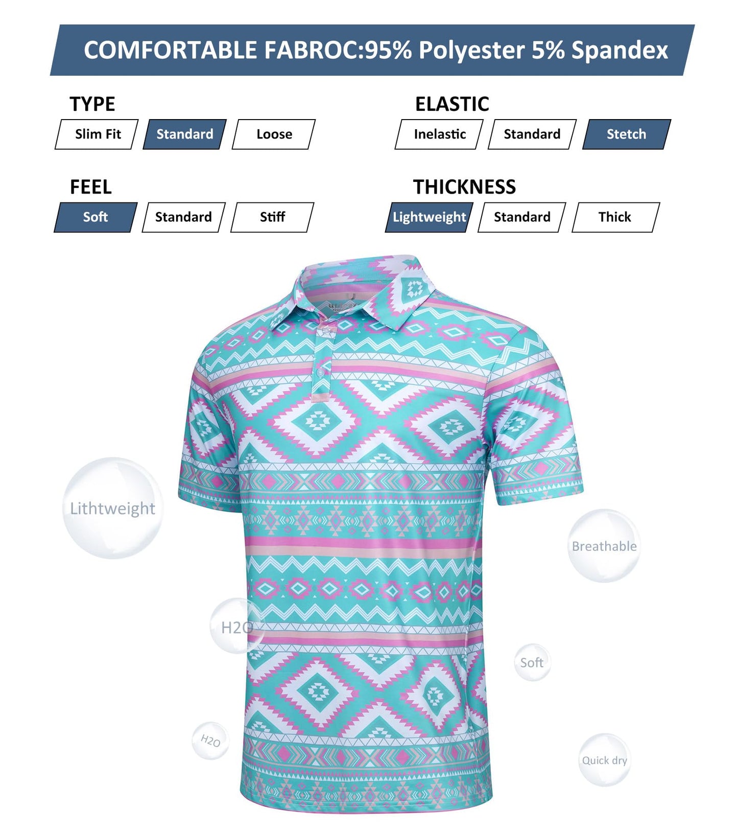 uideazone Mens Golf Shirts Short Sleeve Dry Fit Polo Shirt Ethnic Style Printed Turn-Down Collar Casual Comfortable Fitness Top Tees