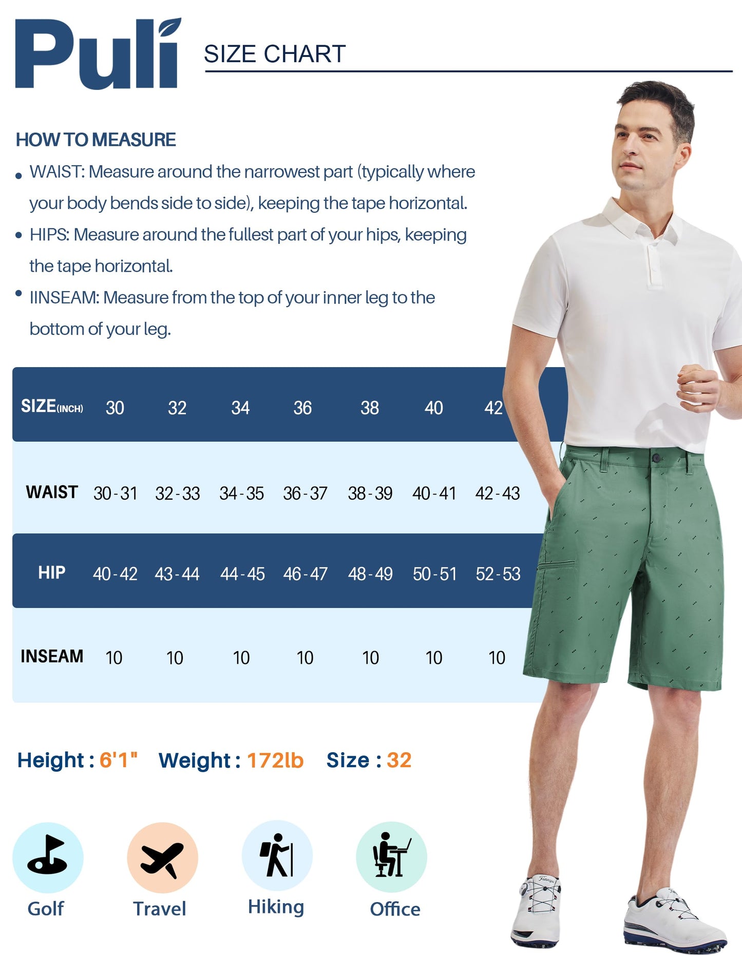 PULI Hybrid Shorts for Men Dress Golf 10 Inch Inseam Casual Lightweight Chino Workout Travel with Pockets Khaki 36