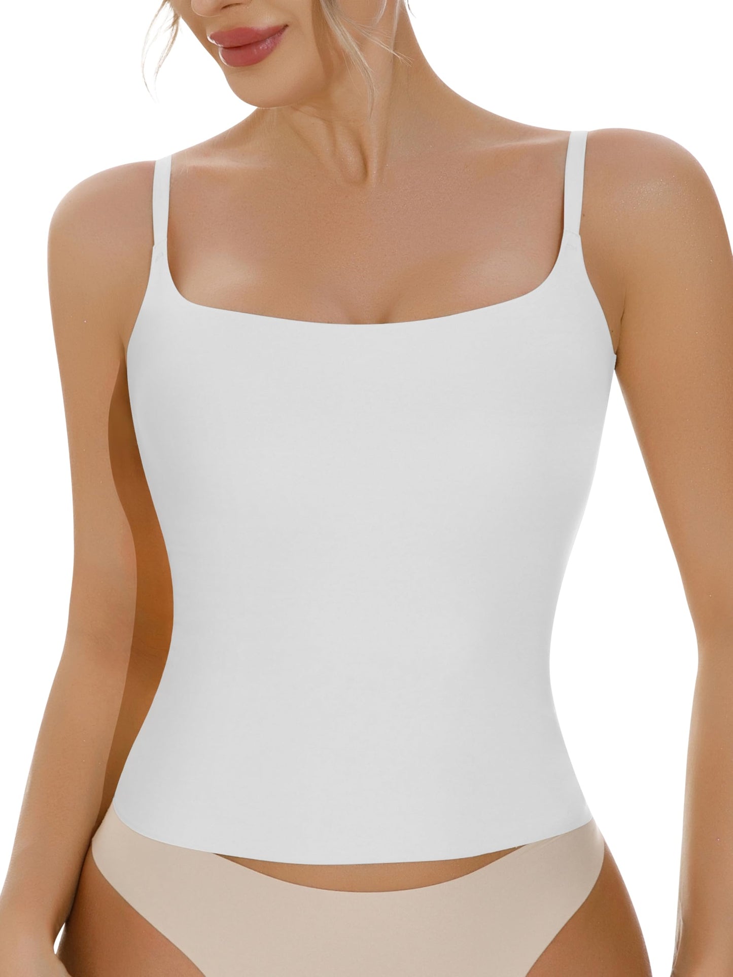 Artdear Women's Square Neck Tank Top Basic Spaghetti Straps Camisole Sexy Double Lined Cami Crop Tops Air Touch Fabric (Medium, White)
