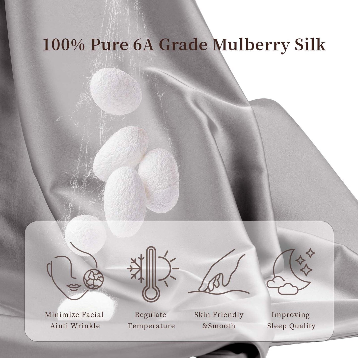 100% Pure Mulberry Silk Pillowcase for Hair and Skin, Standard Size 20”*26” Cooling Silk Pillow Case by Zipper Closure, Smooth Dual Sides Silk Pillow Cover for Women. (Dark Grey, Standard-1 Pcs)
