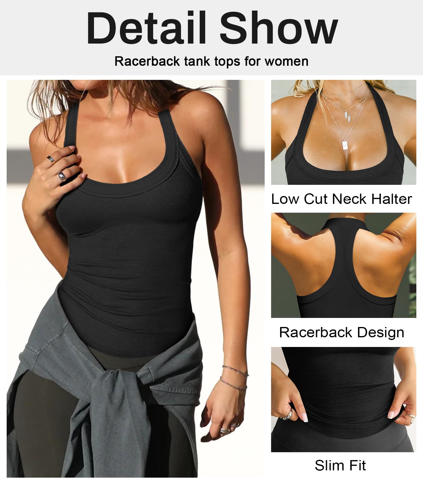 Hragc Womens Halter Top Deep Scoop Neck Low Cut Racerback Tank Top for Women Workout Ribbed Knit Fitted Black Small Sleeveless Cami Shirt