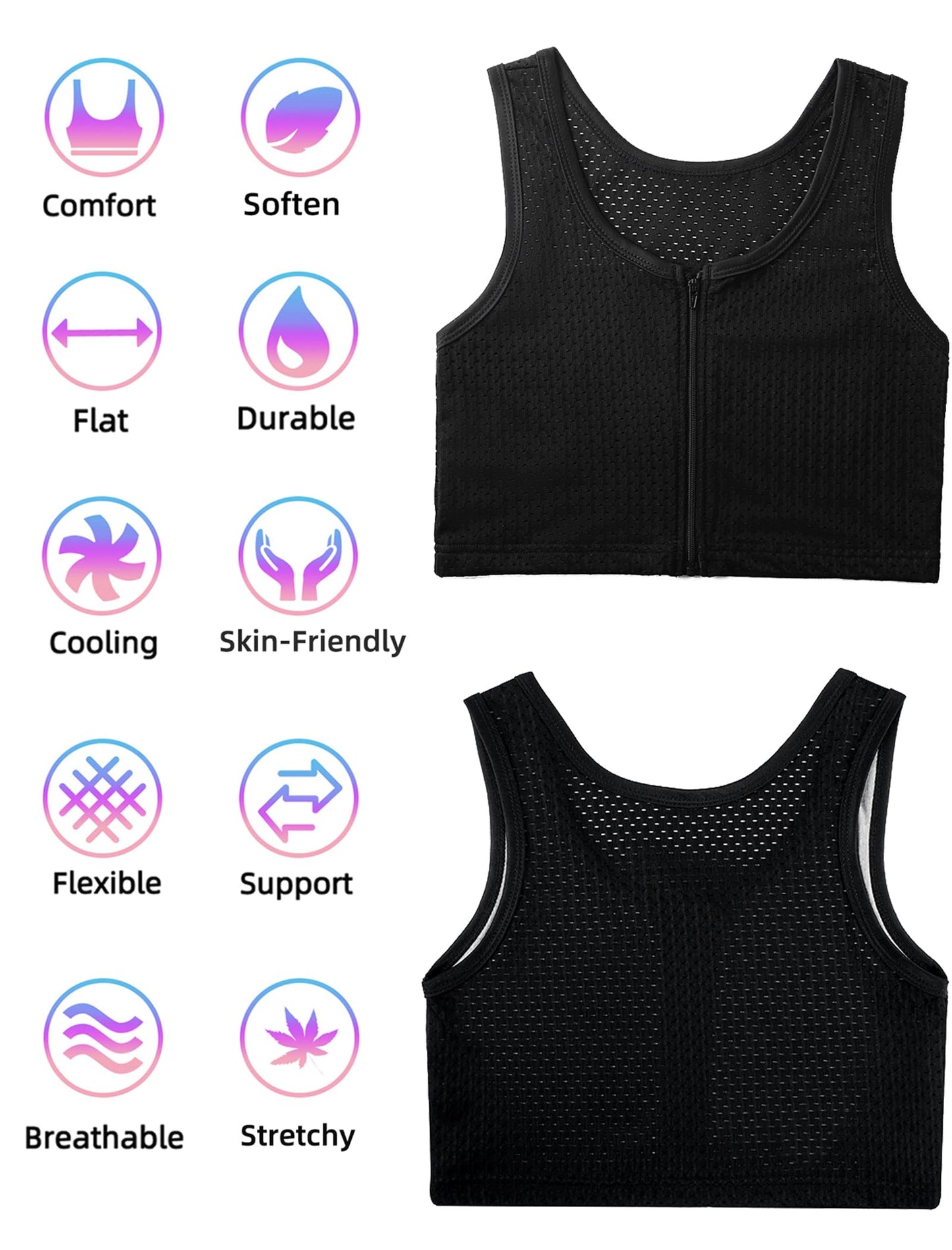 XUJI Chest Binder FTM Transgender Zip Up Binder Breathable Breast Cool Fabric Tank Top (B, XL) Black