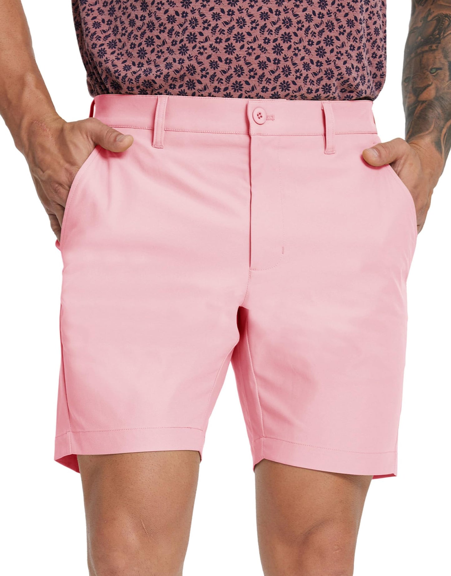 MICHEL ROUEN Golf Shorts Men 7" Inseam Lightweight Quick Dry Fit Stretch Solid Casual Dress Golf Shorts for Men Pink