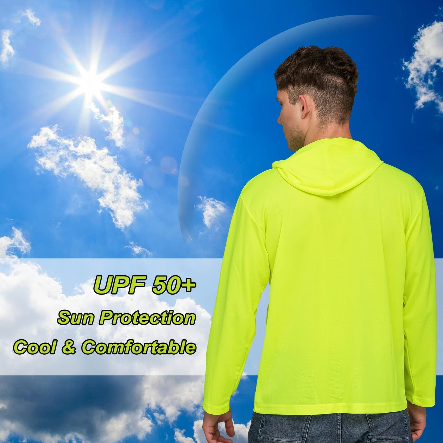 ProtectX 2-Pack Men High Visibility Lightweight Long Sleeve Hoodie, UPF 50+ Sun Protection T Shirts, SPF Outdoor UV Shirt, Neon Green - Large