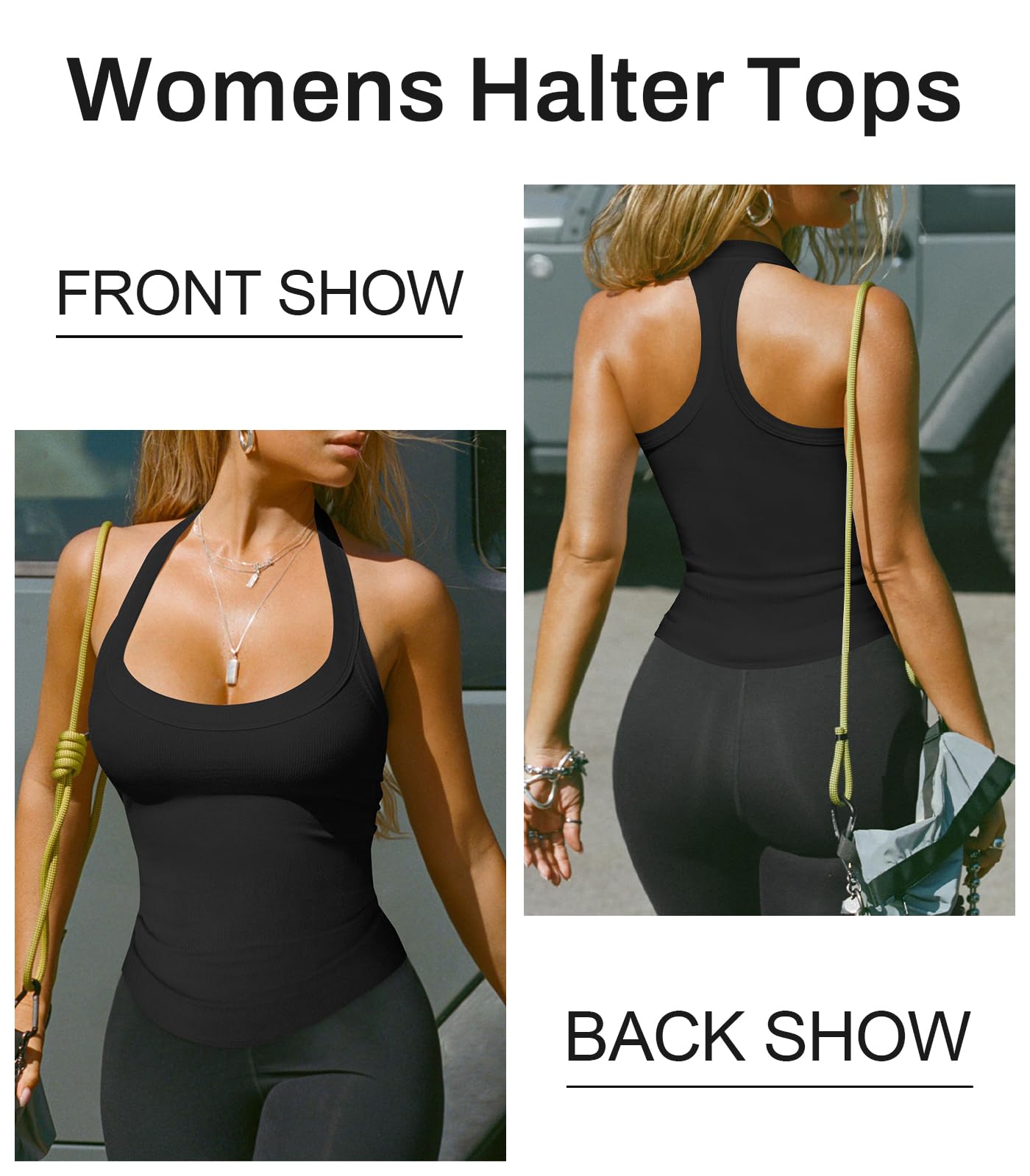 Hragc Womens Halter Top Deep Scoop Neck Low Cut Racerback Tank Top for Women Workout Ribbed Knit Fitted Black Small Sleeveless Cami Shirt