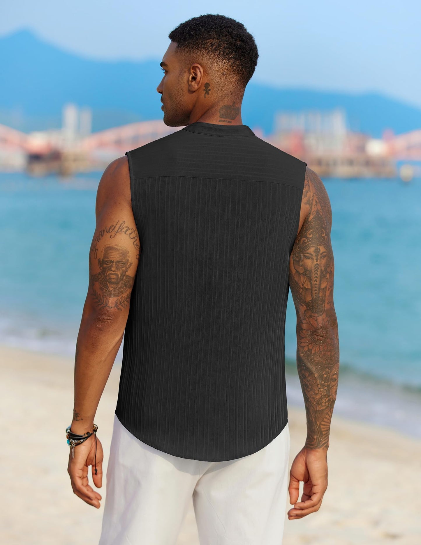 COOFANDY Men's Casual Beach Tank Top Textured Sleeveless Quick Drying Vacation Shirt,Black,Large