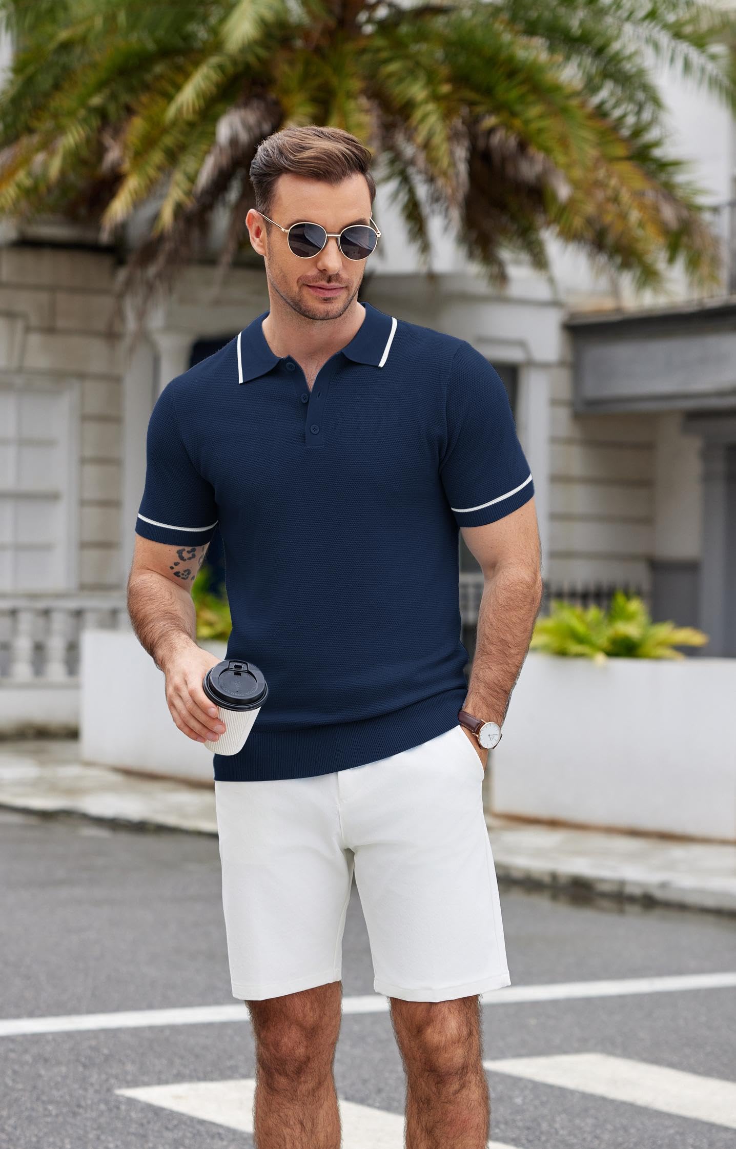 COOFANDY Mens Knit Polo Shirt Crochet Short Sleeve Quarter Button Shirts Vintage Waffle Classic Golf Shirts Navy Blue