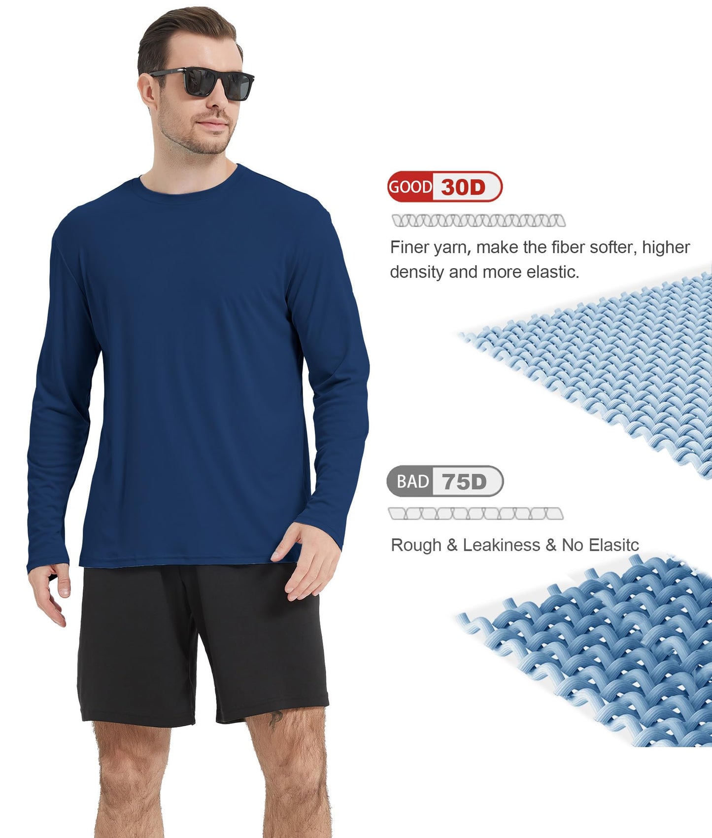 Kinglaman 2 Pack Men's UPF 50+ Rash Guard Long Sleeves Swim Shirts, Dry Fit Surf Fishing Running UV Sun Protection Shirts 1 Blue 1 Navy Large