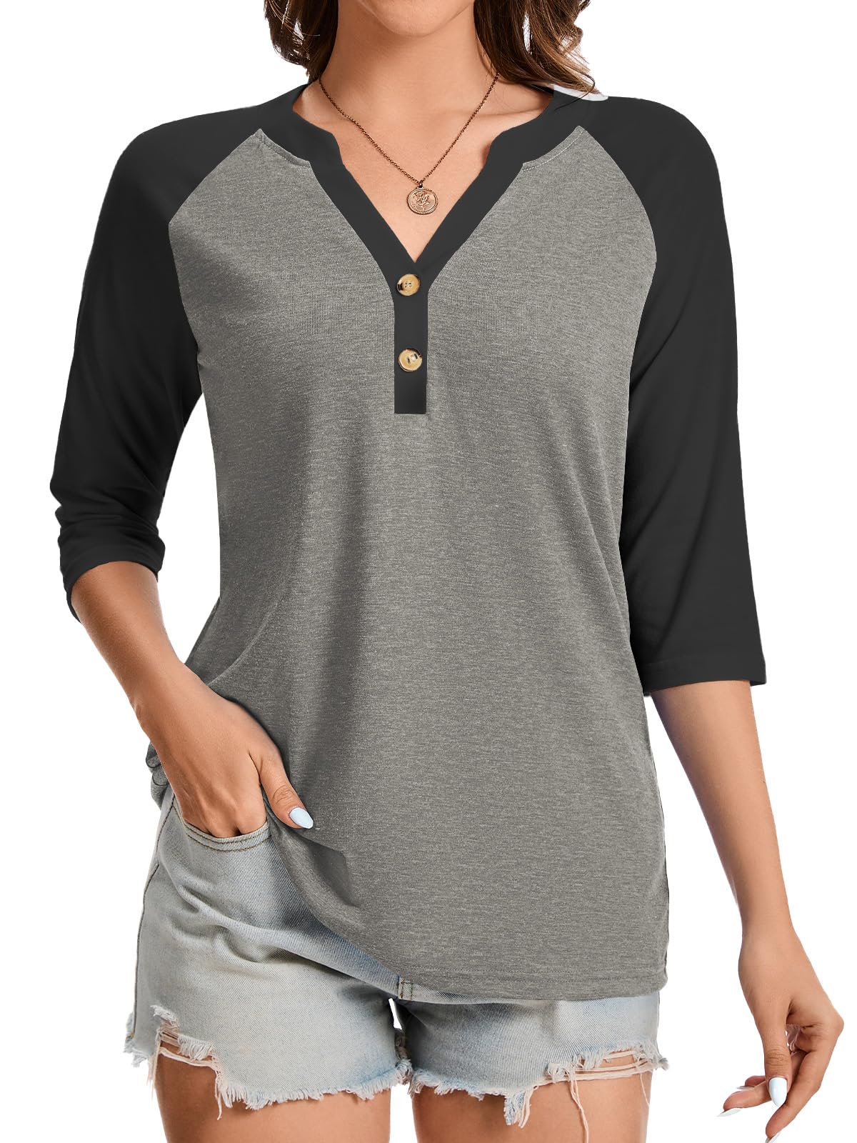 Dimur 3/4 Sleeve Tops for Women Business Casual Button Down Shirts Workout Summer Basic Tees Grey Black X-Large