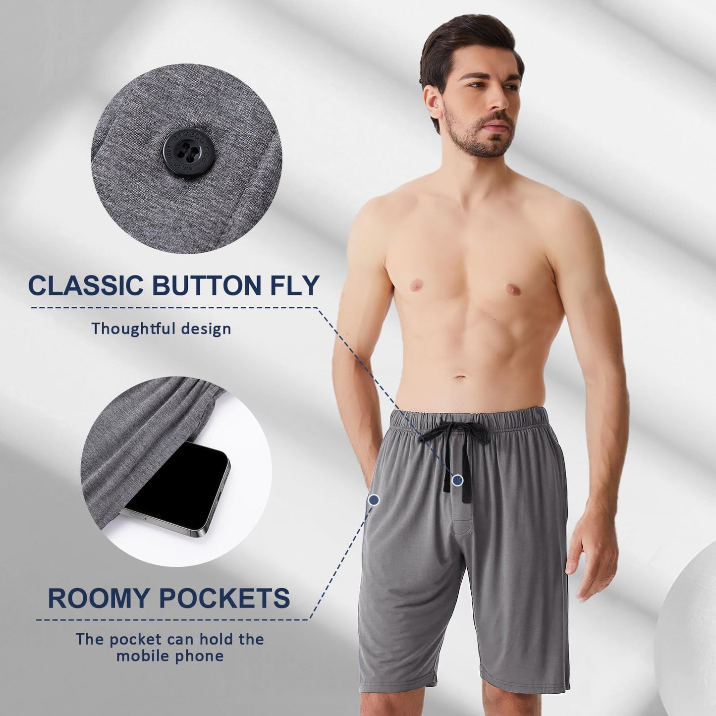 BAMBOO COOL Men's Pajama bottoms Lounge Sleep Shorts Soft Comfortable Breathable Pajamas Shorts with Pockets 2 Pack, Large