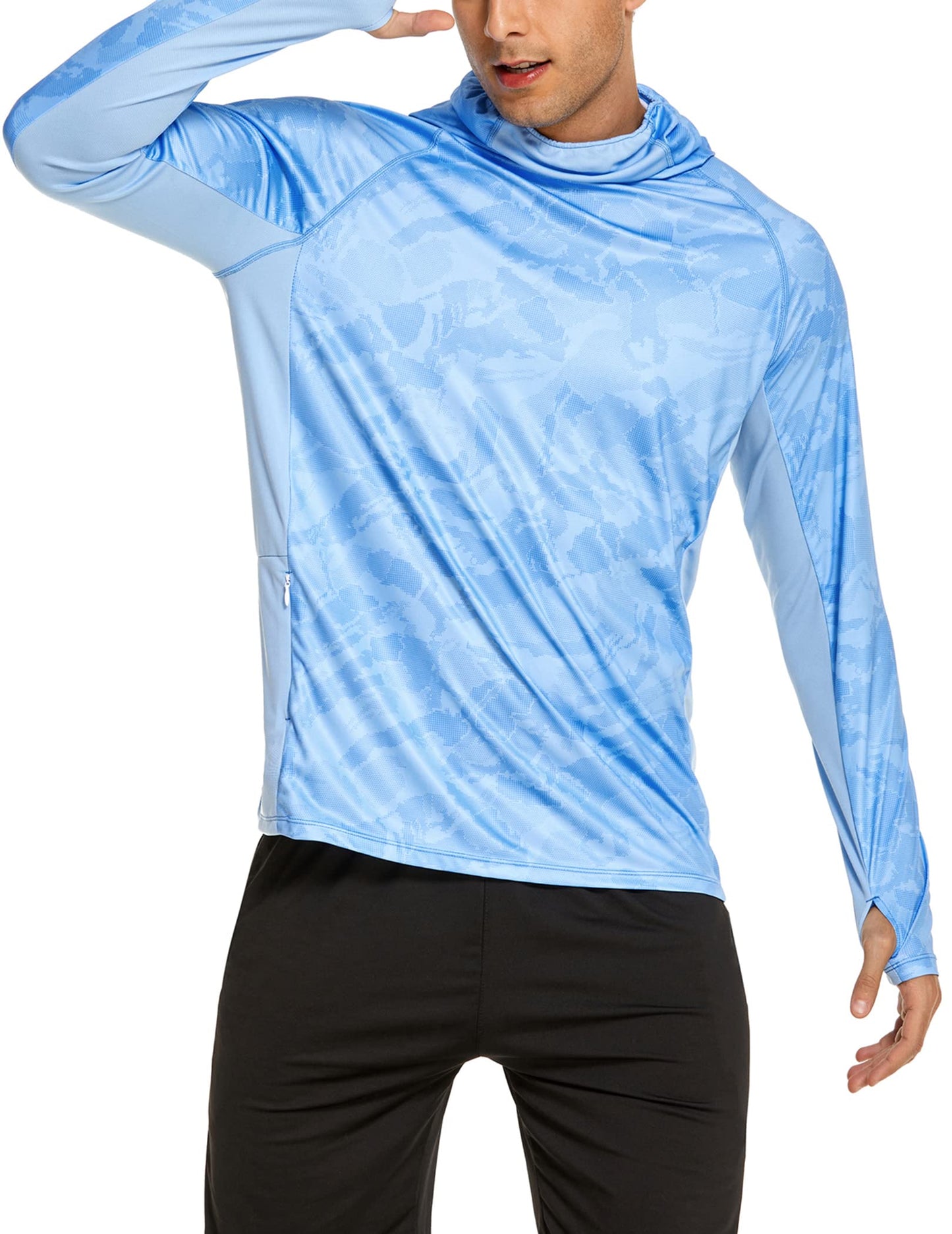 COOrun Men's Hooded Sun Shirts with Mask Fishing Shirts for Men Long Sleeve UPF 50 Rash Guards Cooling Hoodies Hiking Shirts Blue