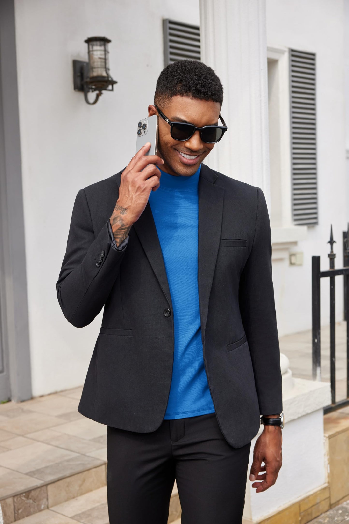 COOFANDY Mens Short Sleeve Mock Turtleneck Shirts Classic Dress Mock Neck Tshirts Heavyweight High Neck T Shirts Fashion Big and Tall T-Shirts Blue