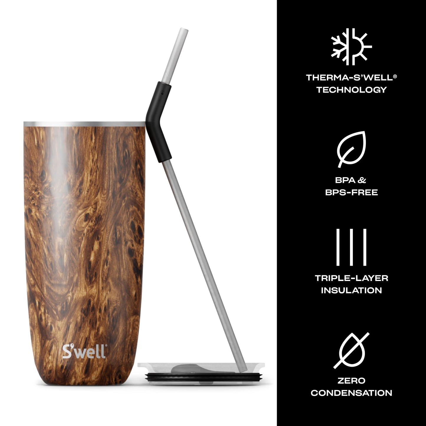 S'well Stainless Steel Tumbler with Straw and Slide-Open Lid, 24oz, Teakwood, Triple Layered Vacuum Insulated Containers Keeps Drinks Cold for 18 Hours and Hot for 5, BPA Free