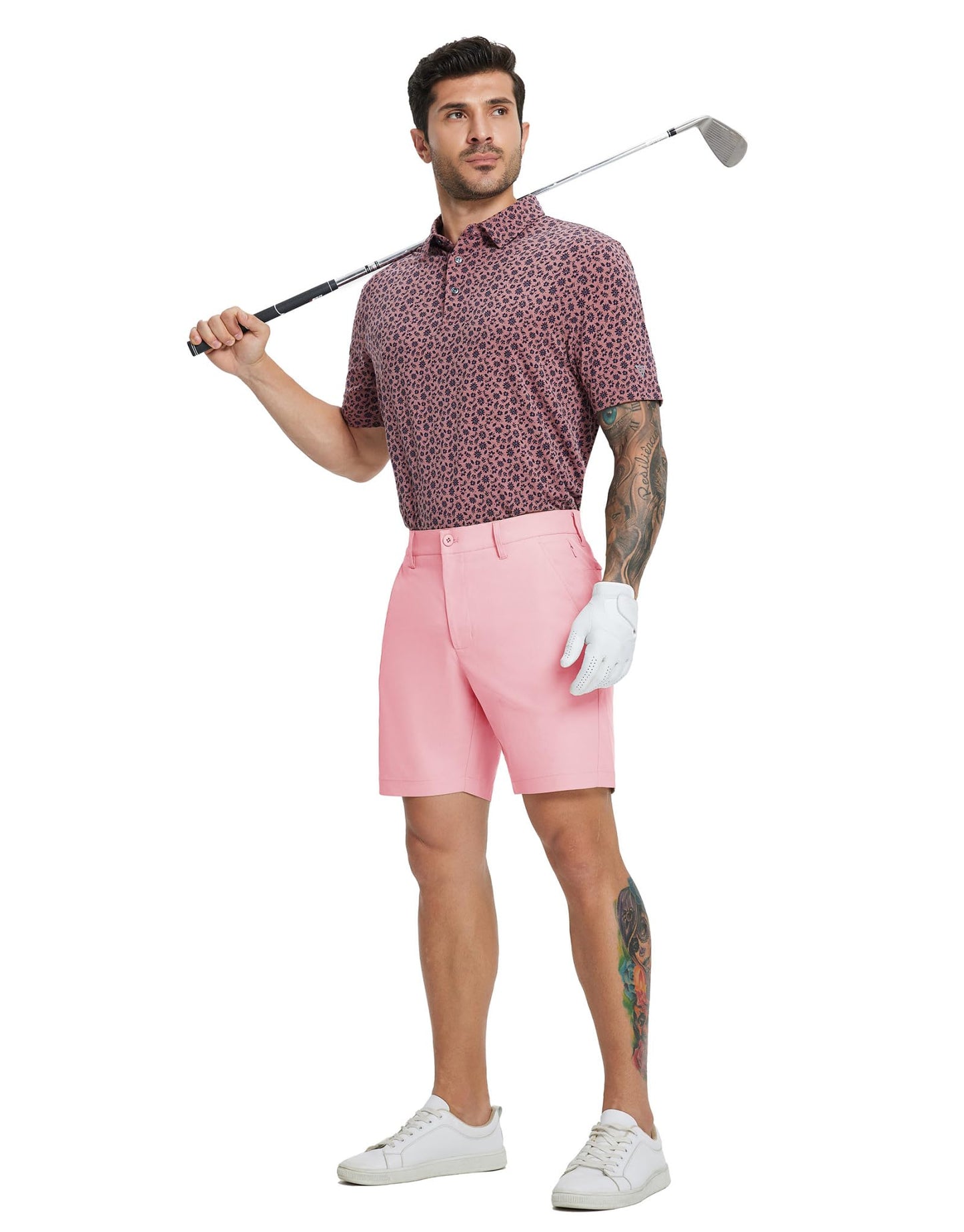 MICHEL ROUEN Golf Shorts Men 7" Inseam Lightweight Quick Dry Fit Stretch Solid Casual Dress Golf Shorts for Men Pink