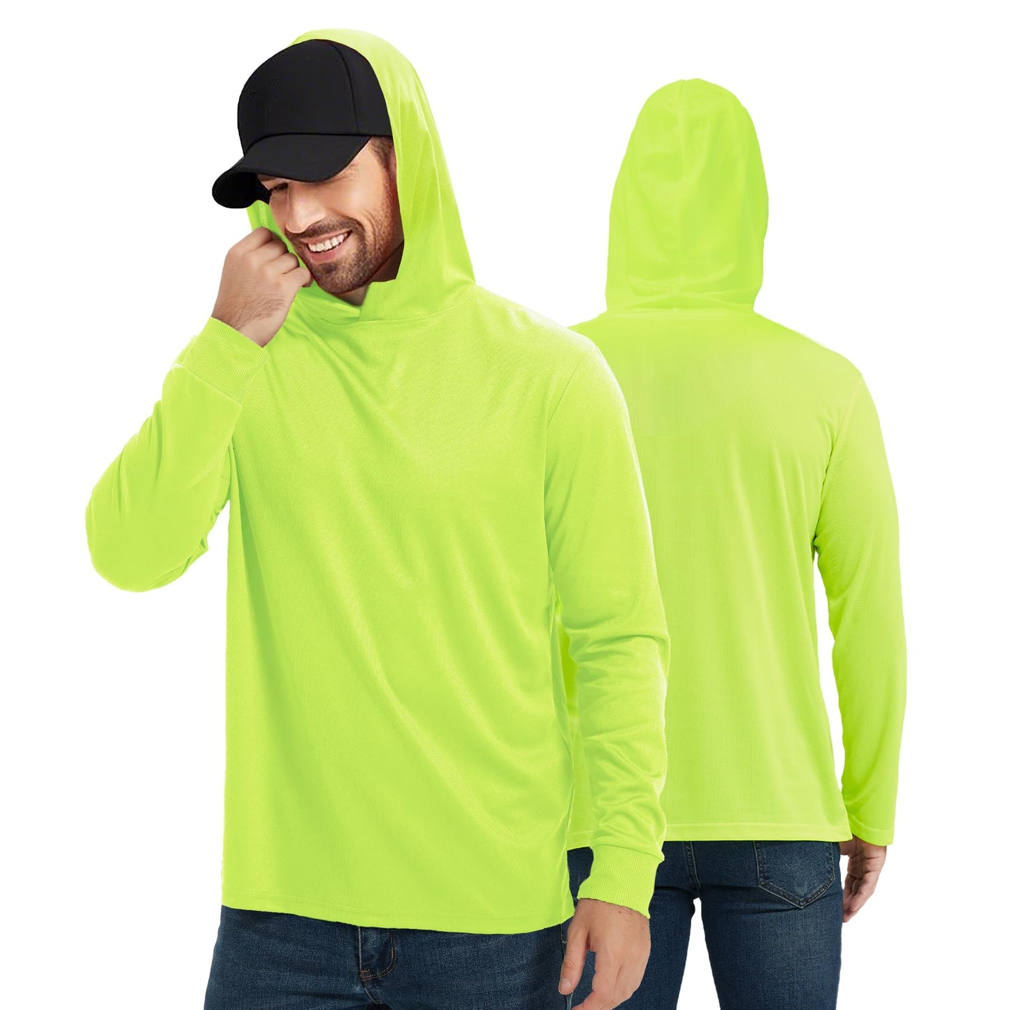 ProtectX 2-Pack Men High Visibility Lightweight Long Sleeve Hoodie, UPF 50+ Sun Protection T Shirts, SPF Outdoor UV Shirt, Neon Green - Large