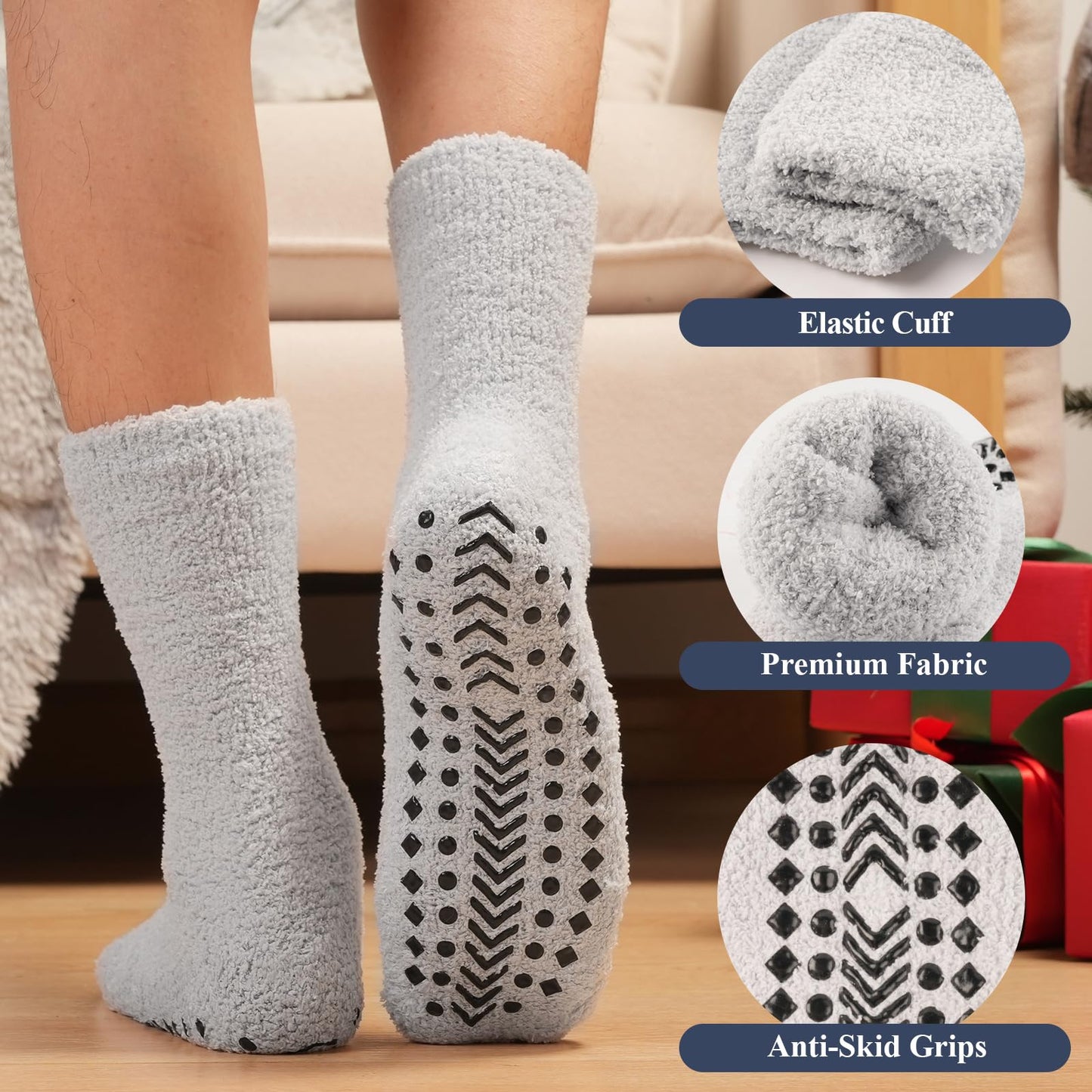 Toes Home Fuzzy Socks Men with Grips, Winter Fluffy Slipper Socks Hospital Cozy Warm Non-slip Thick 5 Pairs