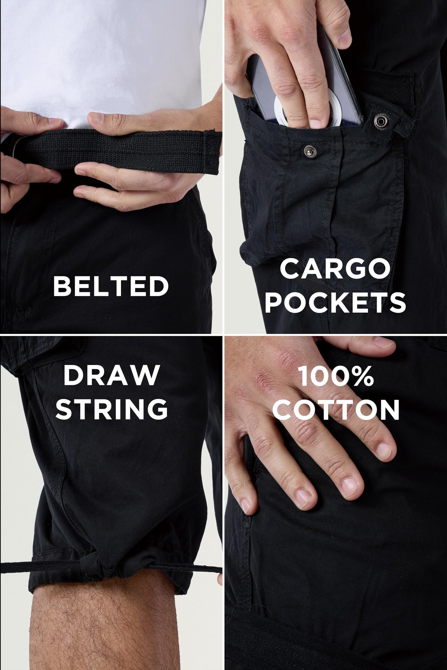 X RAY Men's Belted Long Cargo Shorts for Men, Below Knee Length Mens Cargo Shorts, 3/4 Pants (Big and Tall Shorts for Men) Black 38
