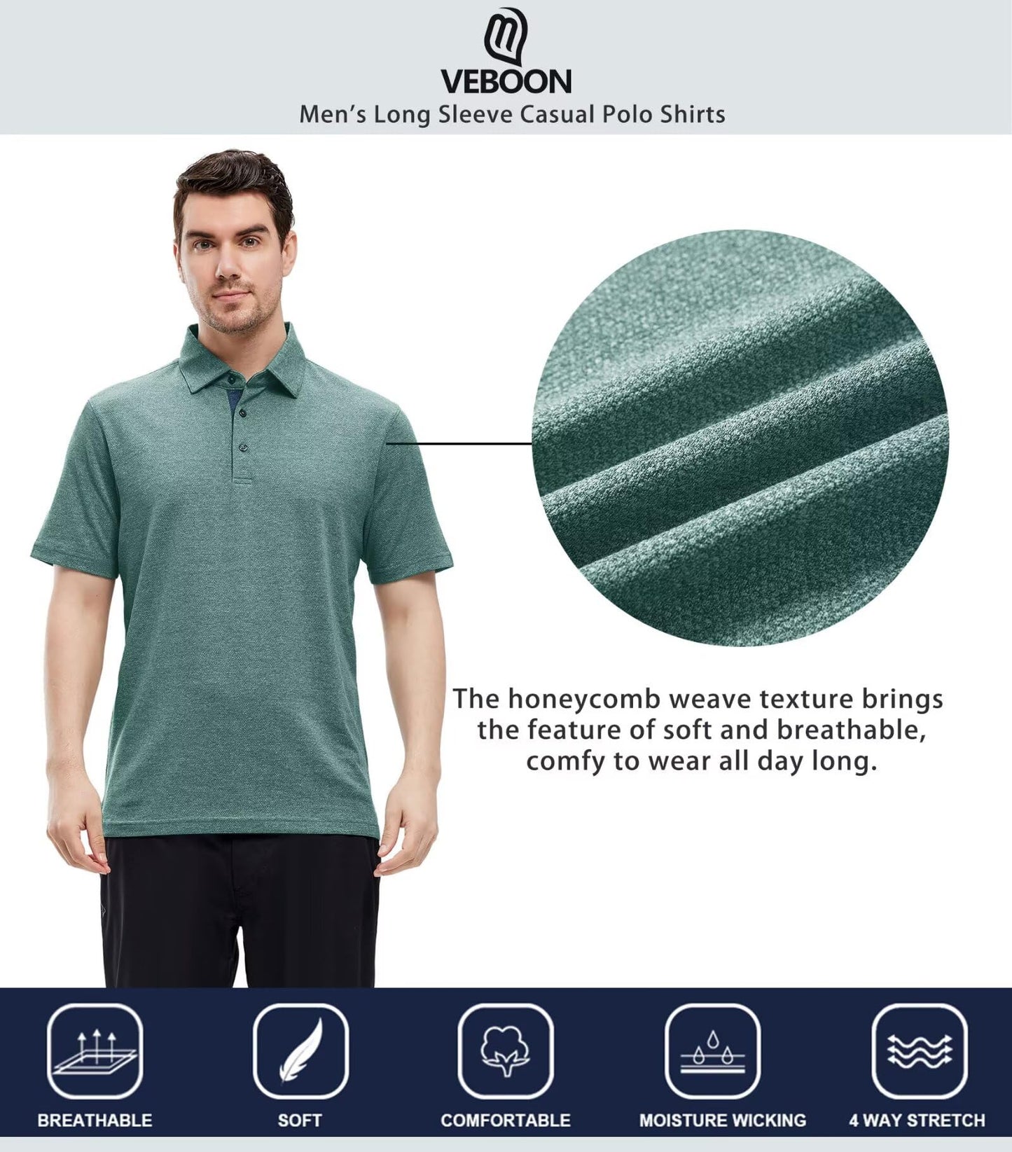 Men's Collar Polo Shirt Dry Fit Casual Pique Polo Short Sleeve Button Office Polo Shirts for Men Pine Green Heather