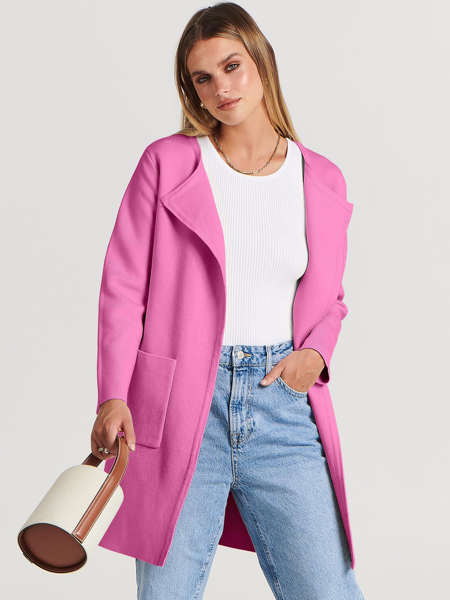 ANRABESS Women's Open Front Knit Lightweight Cardigan Casual Long Coatigan Sweater Lady Jacket Coat 2024 Fall Outerwear Rose Medium