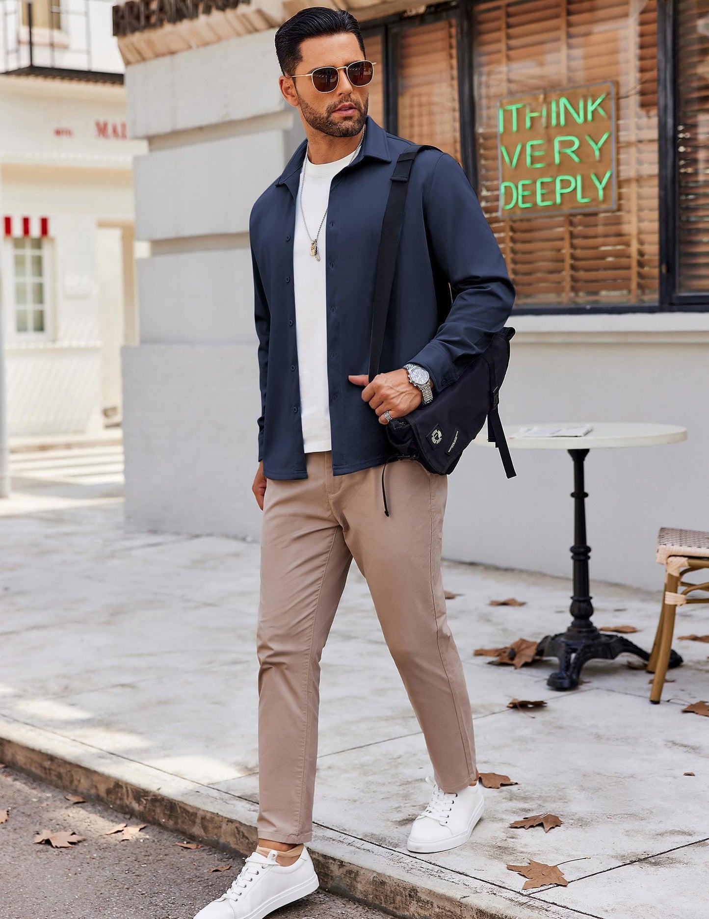 COOFANDY Mens Long Sleeve Button Down Shirts Casual Untucked Shirts Stretch Shirts Navy Blue