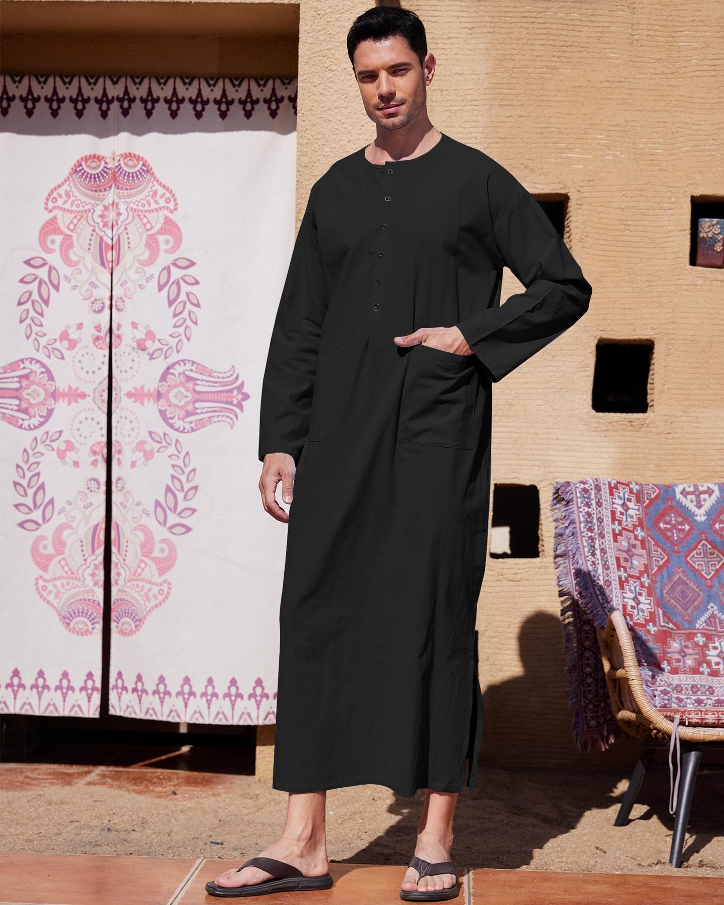 YAOHUOLE Men's Muslim Thobe Long Sleeve Caftan Side Split Kaftan Long Gown Thobe with Pockets Black M