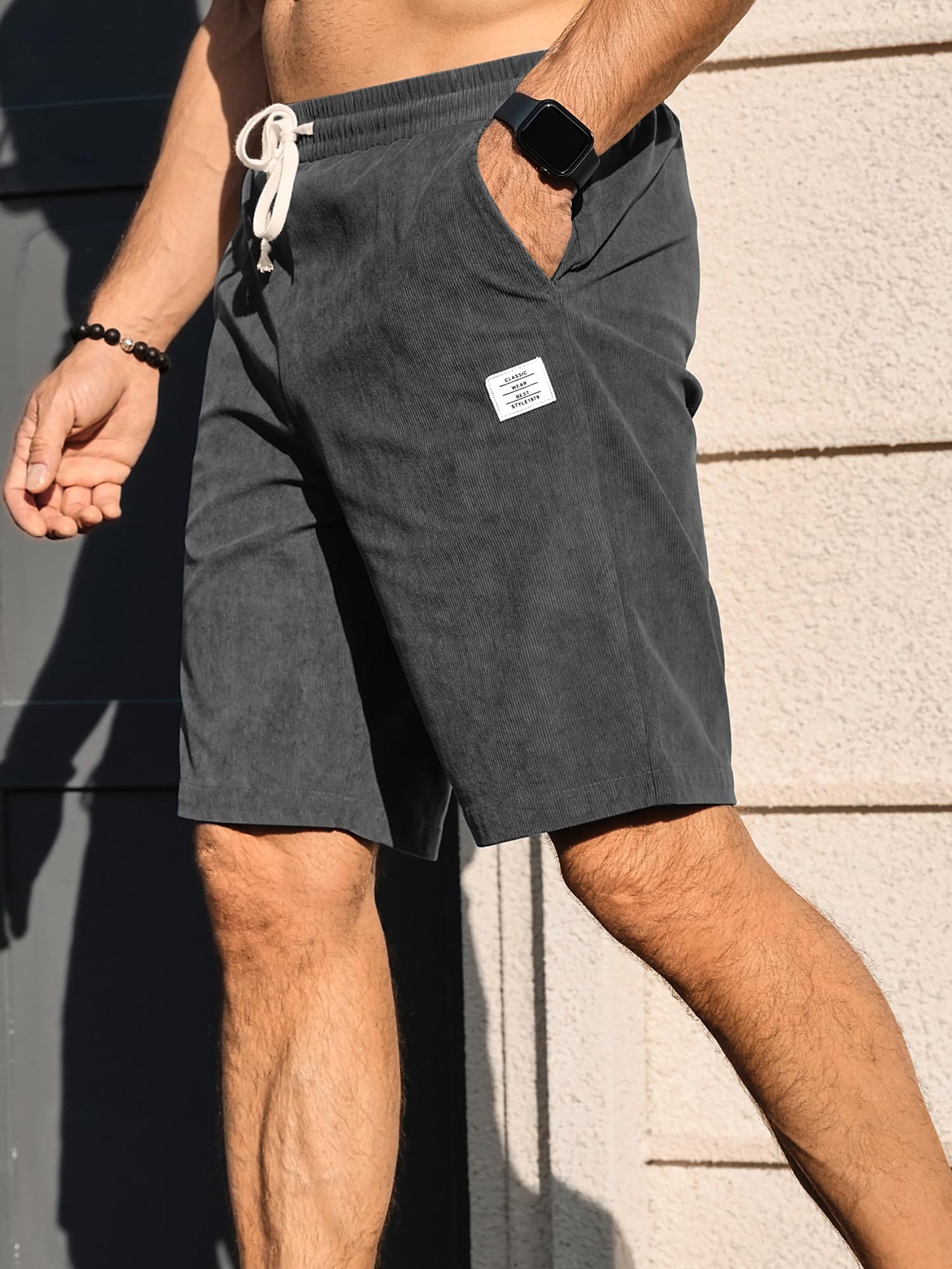 PLEPAN Mens Corduroy Drawstring Shorts Casual Summer Beach Short 7 inch Inseam Grey Large