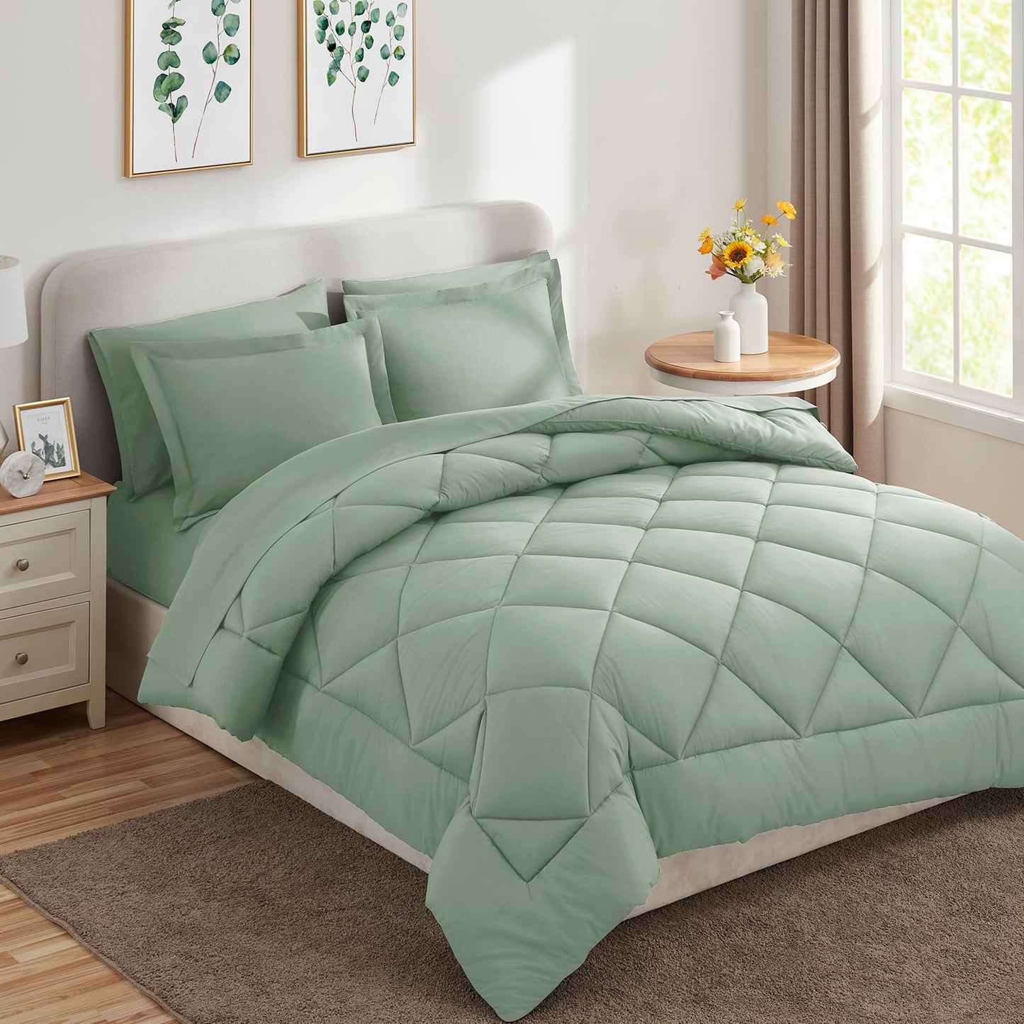 CozyLux Queen Comforter Set with 7 Pieces Bed in a Bag - Sage Green All Season Bedding with Comforter, Pillow Shams, Flat Sheet, Fitted Sheet and Pillowcases
