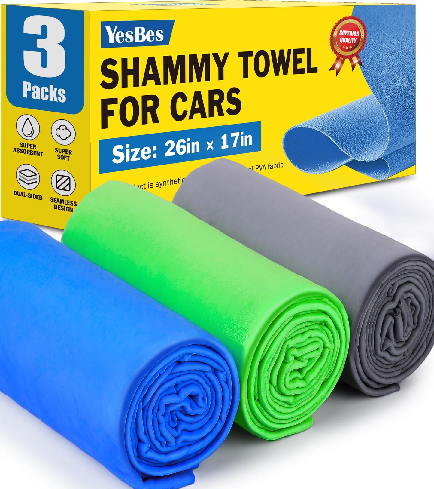 YesBes 3 Pack Premium Car Drying Shammy Cloth, 26'x17' Super Absorbent PVA Material, Reusable Soft Car Towel
