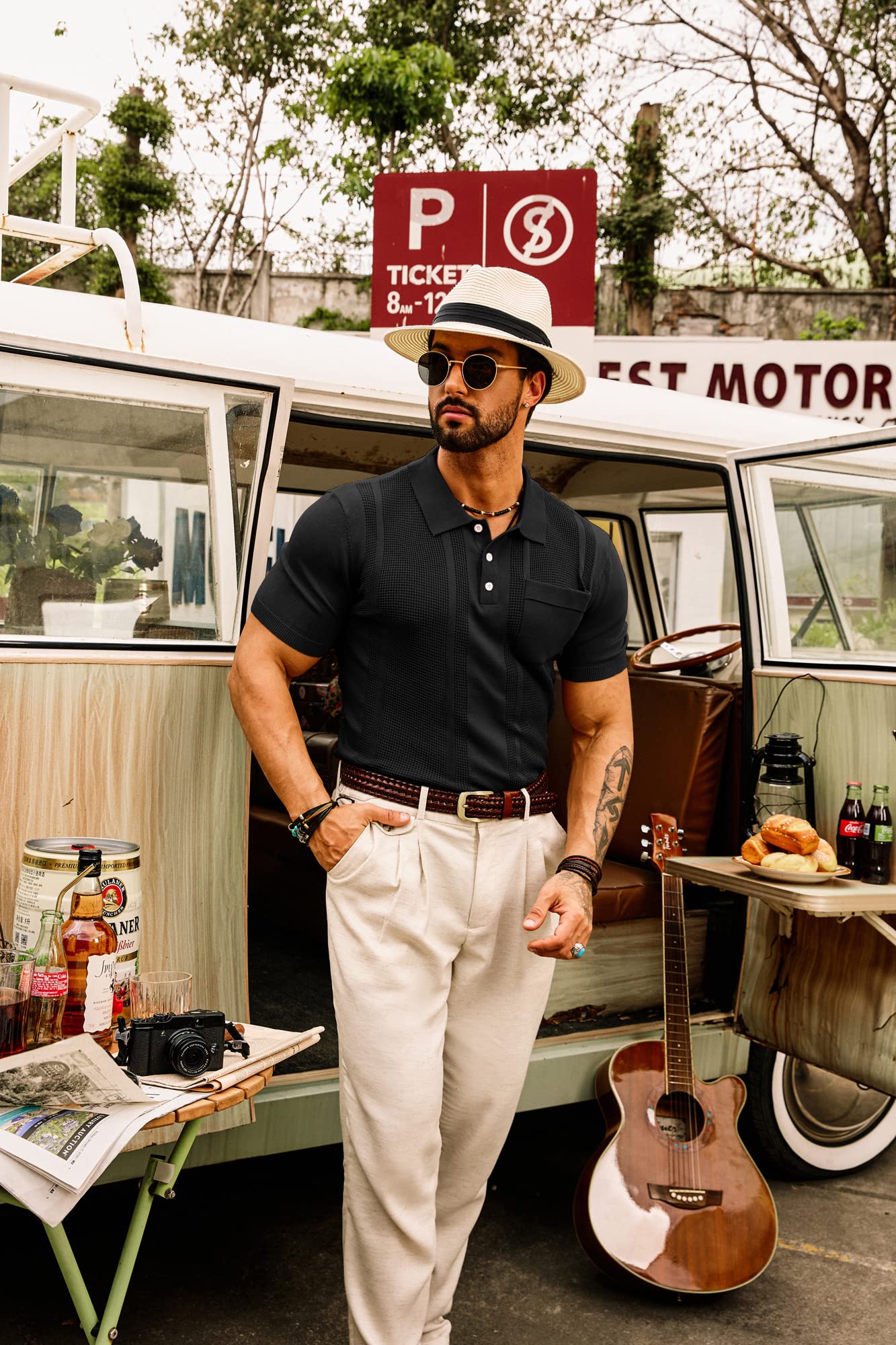 GRACE KARIN Mens Short Sleeve Knitted Bowling Polo Shirts Knitting Lightweight Golf Tee Shirt for Summer Black L