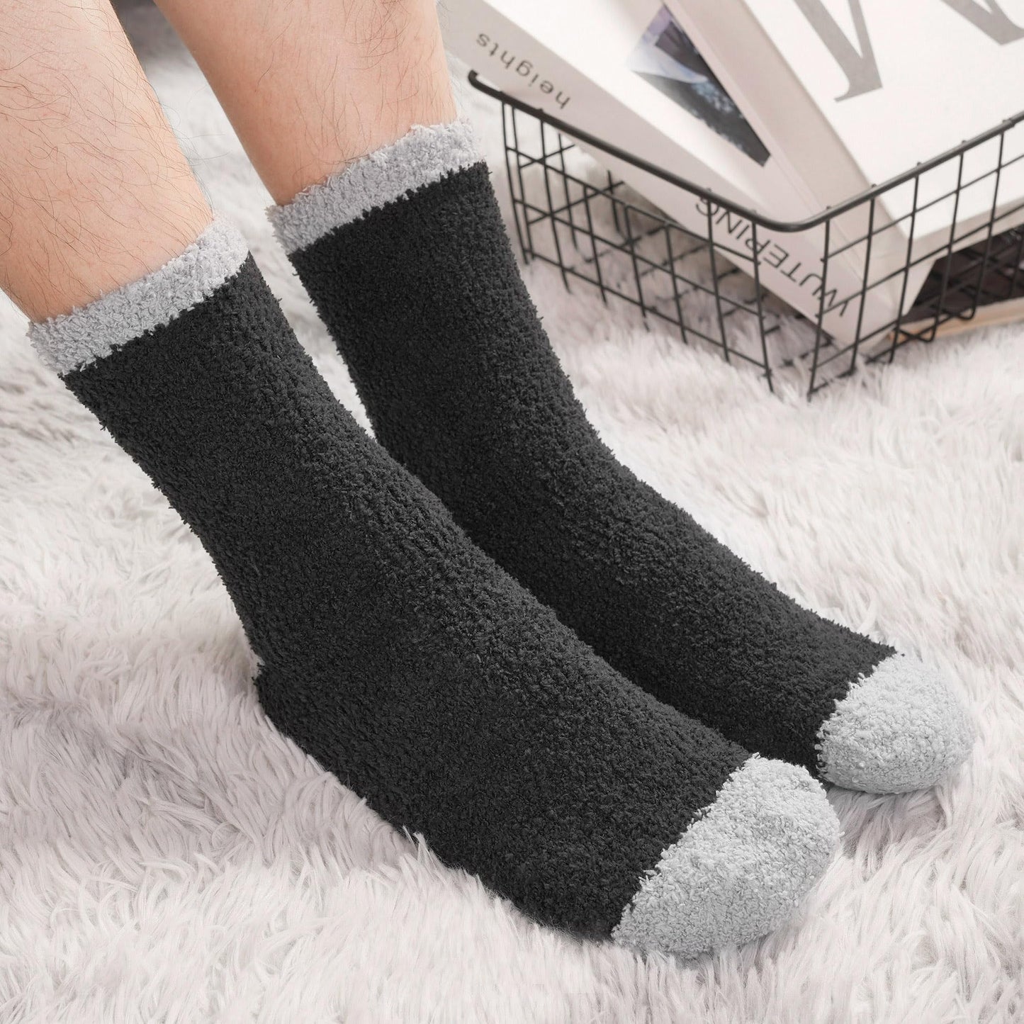 Toes Home Fuzzy Socks Men with Grips, Winter Fluffy Slipper Socks Hospital Cozy Warm Non-slip Thick 5 Pairs