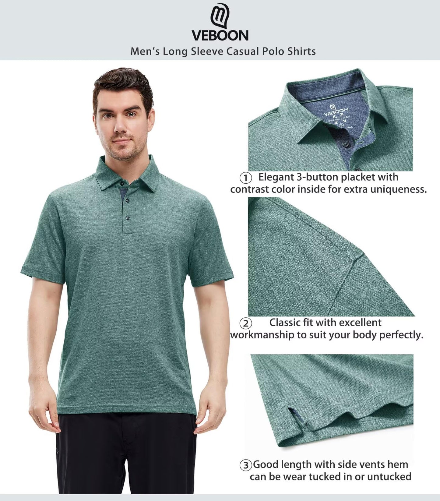 Men's Collar Polo Shirt Dry Fit Casual Pique Polo Short Sleeve Button Office Polo Shirts for Men Pine Green Heather
