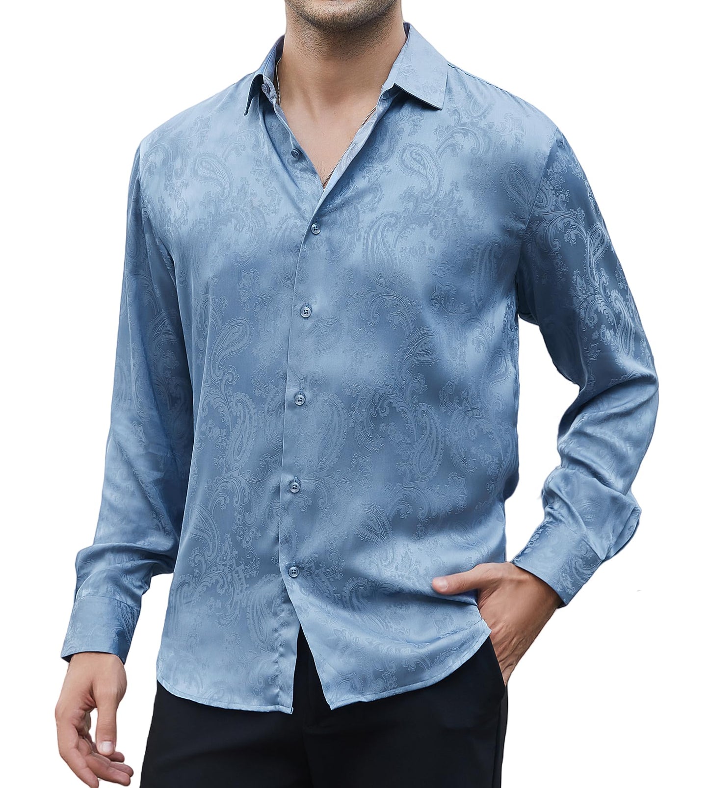 Alex Vando Mens Luxury Satin Dress Shirt Long Sleeve Silk Shiny Sateen Party Shirt,Blue Paisley,L