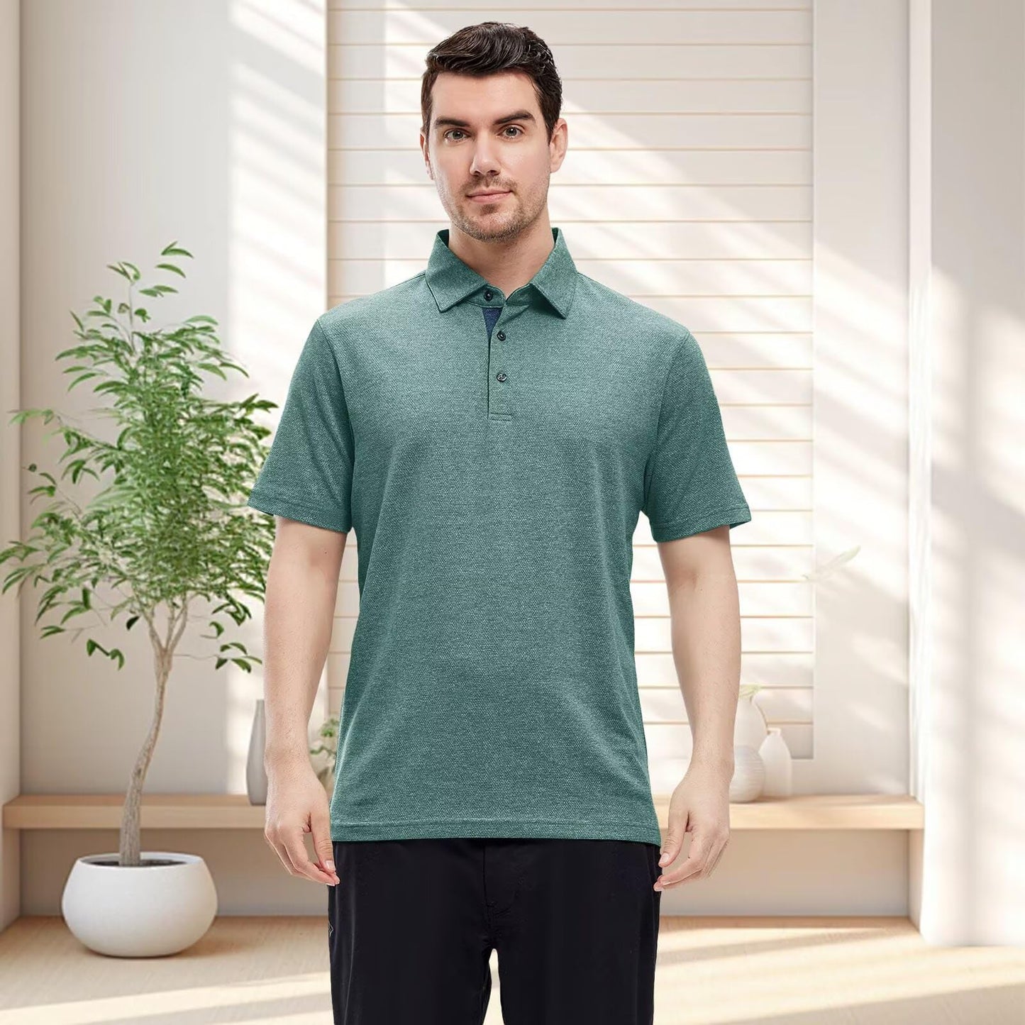 Men's Collar Polo Shirt Dry Fit Casual Pique Polo Short Sleeve Button Office Polo Shirts for Men Pine Green Heather