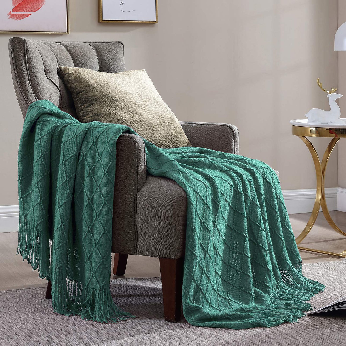 Walensee Throw Blanket for Couch, 50 x 60 Dark Cyan, Acrylic Knit Woven Summer Blanket, Lightweight Decorative Soft Nap Throw with Tassel for Chair Bed Sofa Travel Picnic, Suitable for All Seasons