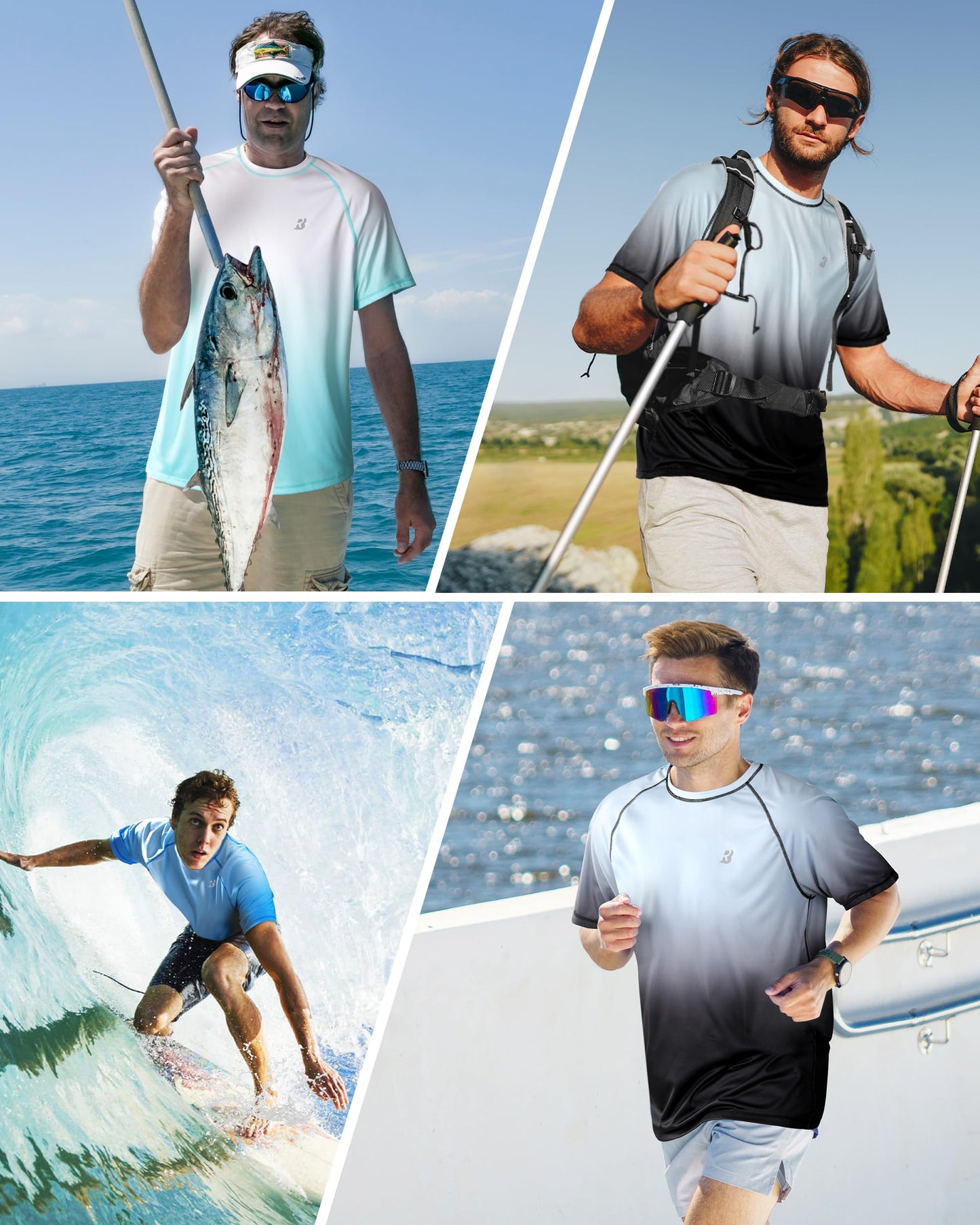 Roadbox Men's Short Sleeve Swim Rash Guard Shirts, Quick Dry UPF 50+ UV Sun Protection SPF T Shirt, Moisture Wicking Water Tee Tops for Beach Fishing Surfing (Black Gray Blue,2XL)