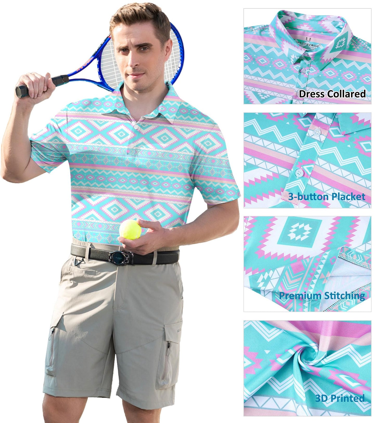 uideazone Mens Golf Shirts Short Sleeve Dry Fit Polo Shirt Ethnic Style Printed Turn-Down Collar Casual Comfortable Fitness Top Tees