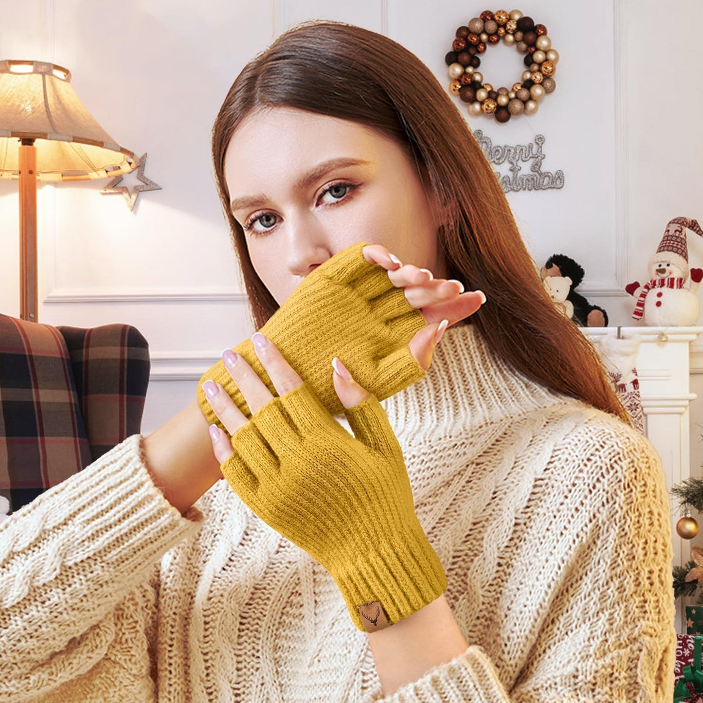 Fingerless Gloves for Women - Winter Warm Knitted Gloves Ladies Thermal Half Finger Mittens for Typing Working Driving