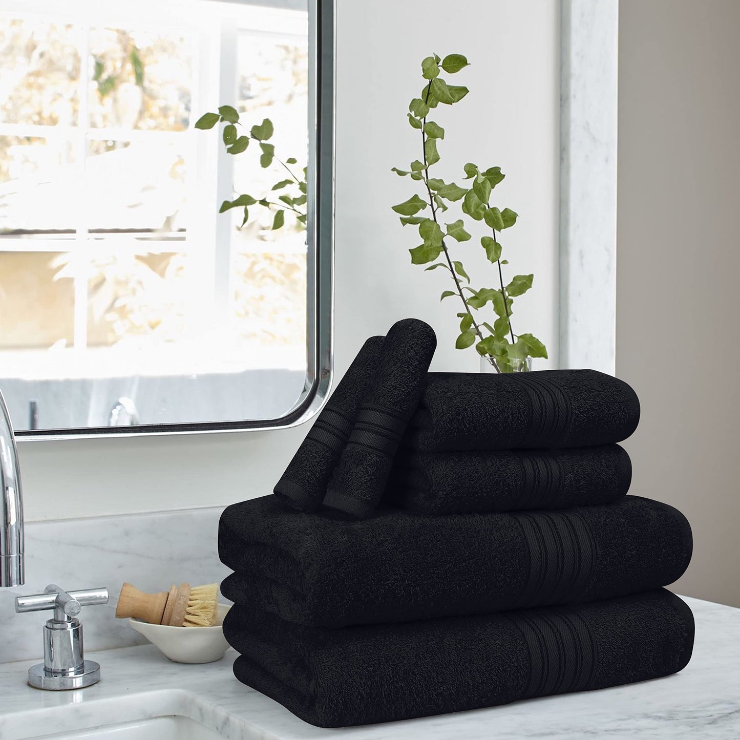 BOUTIQUO 6 Pack Cotton Towel Set, Contains 2 Bath Towels 28x55 inch, 2 Hand Towels 16x24 inch & 2 Wash Coths 12x12 inch, Ideal Everyday use, Ultra Soft Compact & Lightweight - Black
