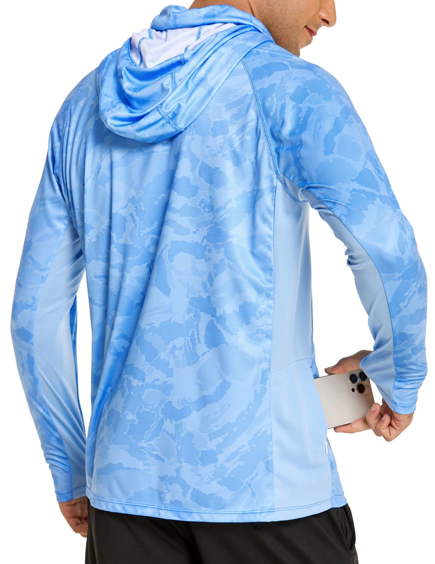COOrun Men's Hooded Sun Shirts with Mask Fishing Shirts for Men Long Sleeve UPF 50 Rash Guards Cooling Hoodies Hiking Shirts Blue