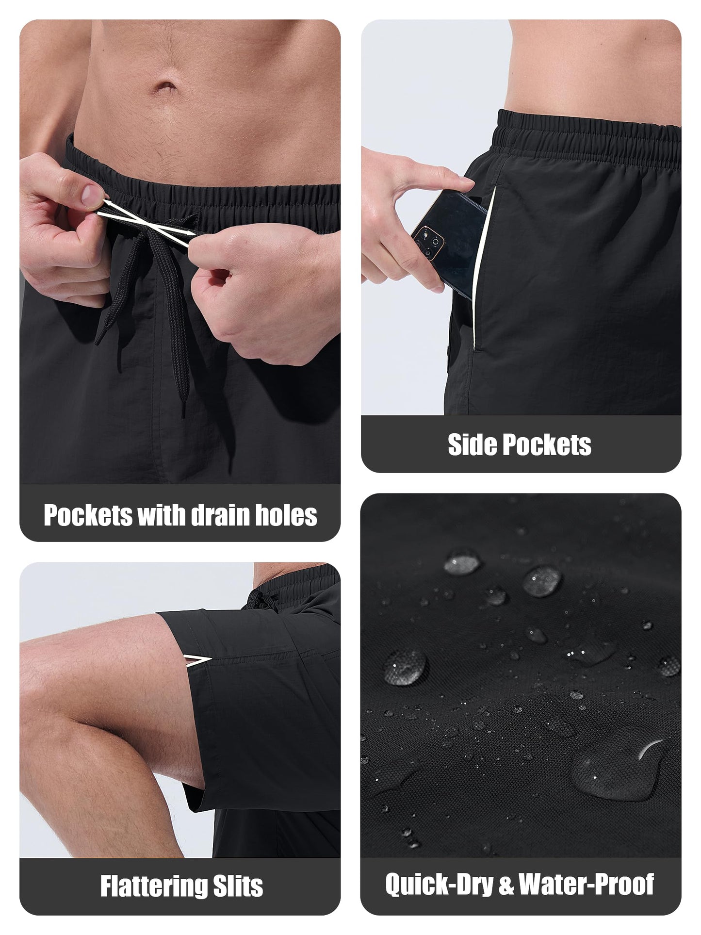 UIQUR Men's Swim Trunks Beach Board Shorts Quick Dry Swimsuit Bathing Suits with Pockets 7 Inch Inseam Mesh Lining Black L